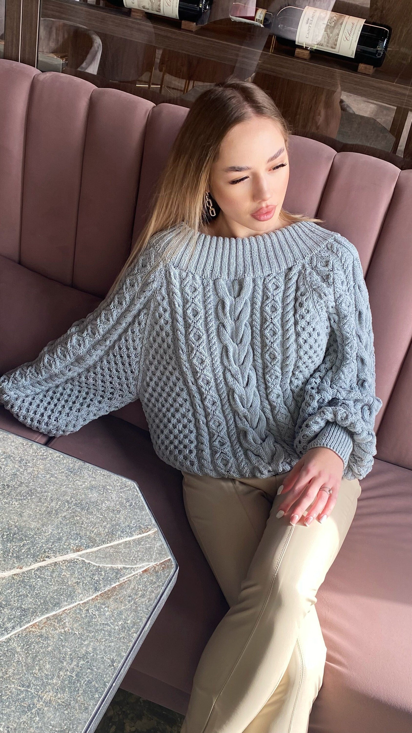 Cable hand knit grey organic cotton sweater Blue Loose Oversize Knitted Blue Sweater one shoulder Knit blouse Eco chunky knit pullover