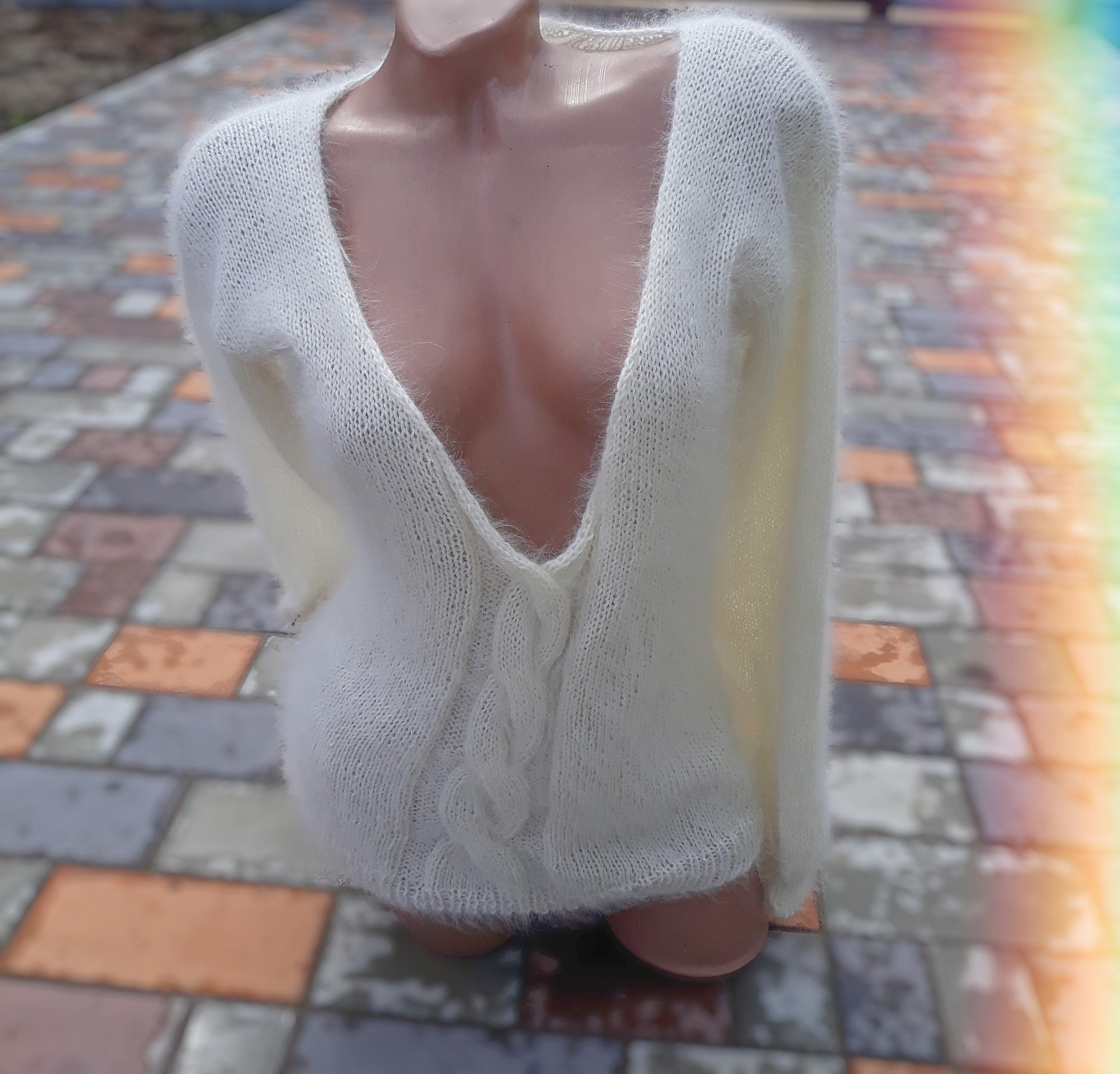 White Milk angora sweater Open back Deep neckline Knit fluffy angora pullover Loose fit oversized V-neck Top long sleevs Cozy gift her