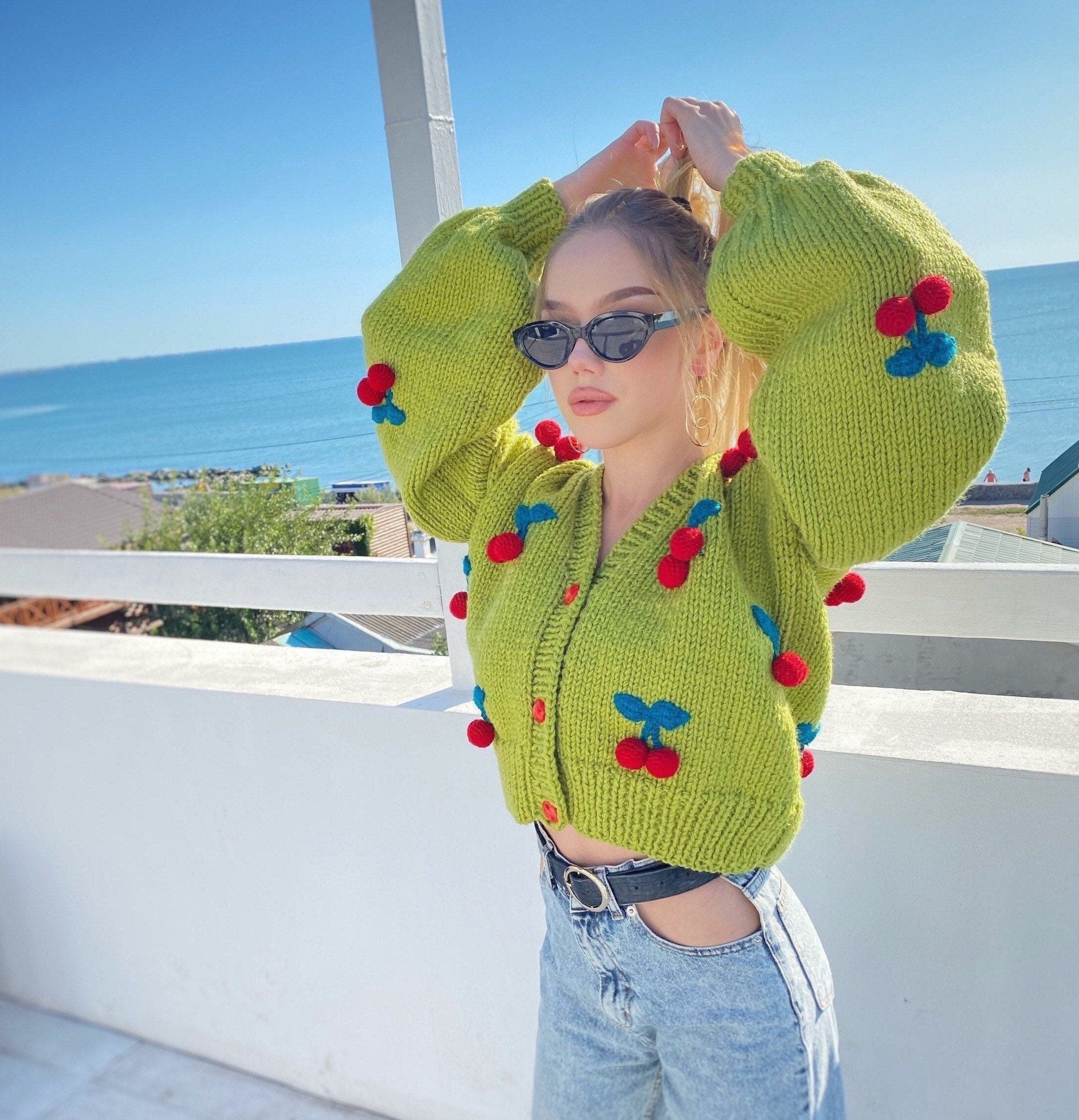 Green knit crop cherry cardigan Strawberry cardigan Chunky cardigan Knitted crop sweater Loose sweater famous cardigan Unique gifts for her