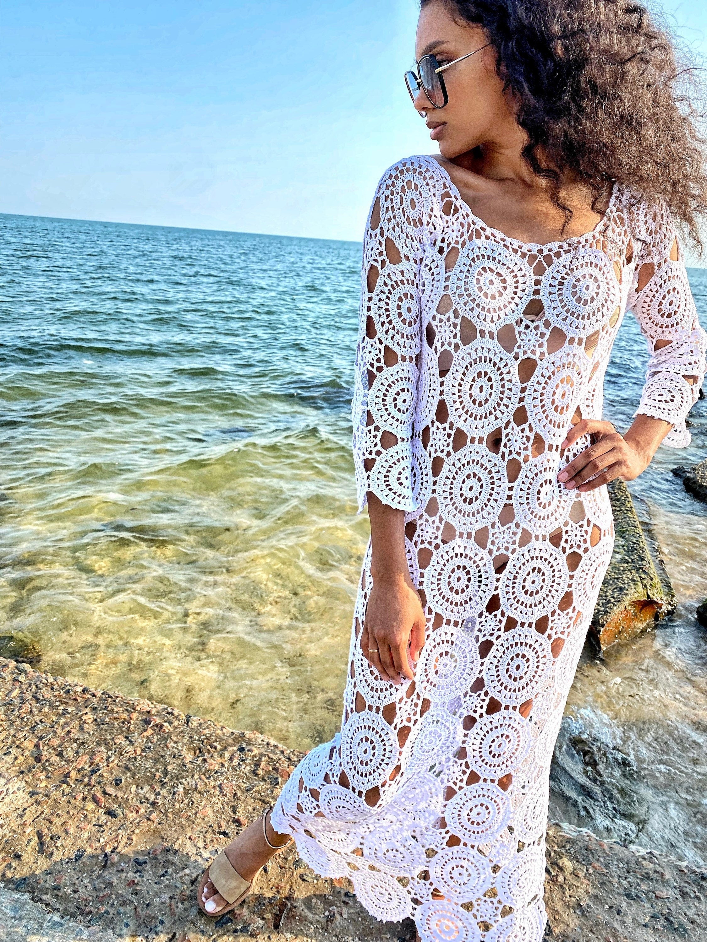 Beach maxi white crocheted dress/beach wedding dress/white beach cover up dress/Knit Backless Bikini Cover Ups Beachwear/white beach dress