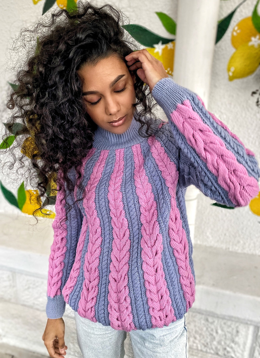 Chunky knit wool sweater braids for women Pink gray blue turtleneck sweatshirt Oversized pullover merino wool cotton Sweater high collar