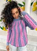 Chunky knit wool sweater braids for women Pink gray blue turtleneck sweatshirt Oversized pullover merino wool cotton Sweater high collar