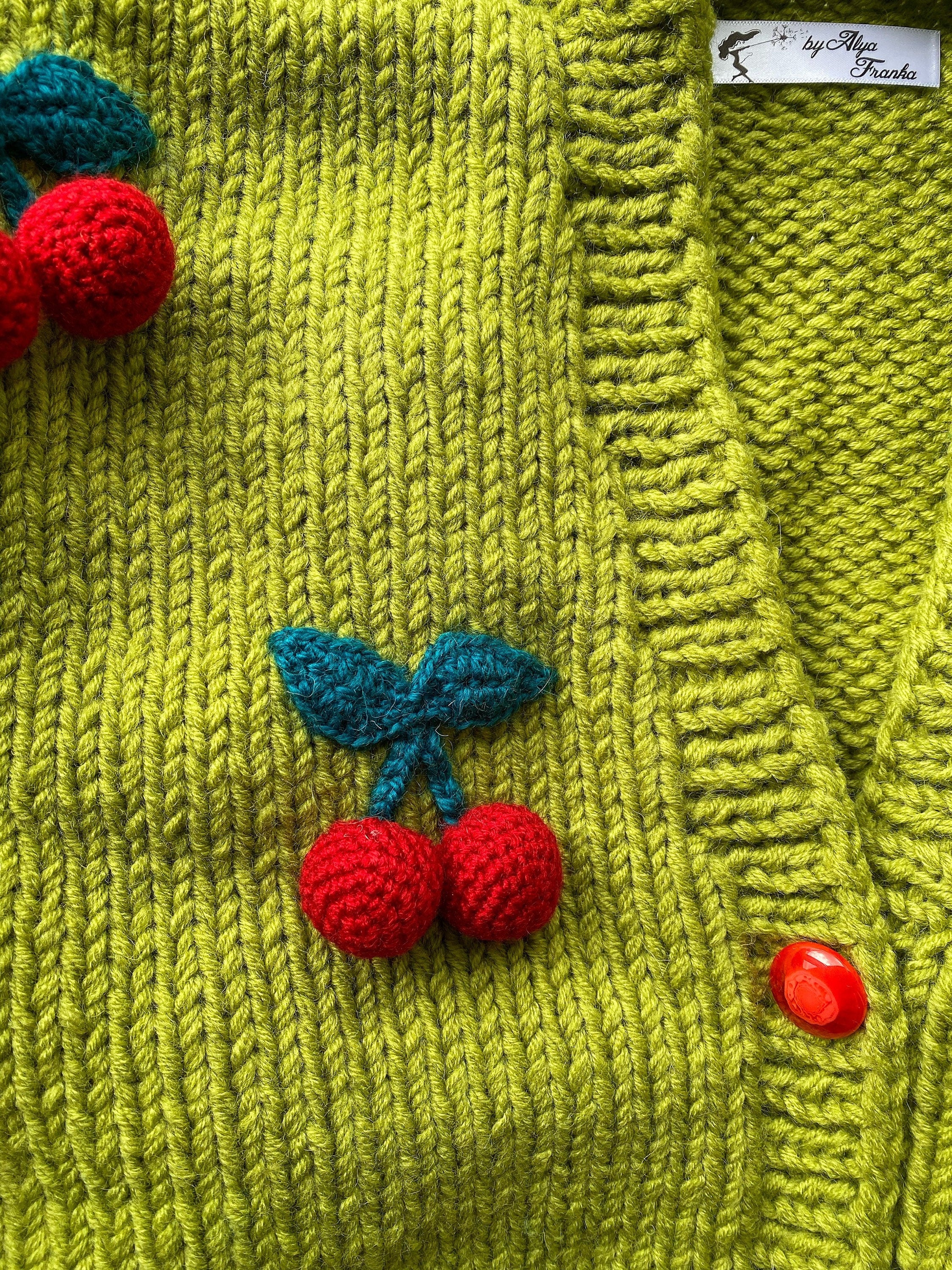 Green knit crop cherry cardigan Strawberry cardigan Chunky cardigan Knitted crop sweater Loose sweater famous cardigan Unique gifts for her