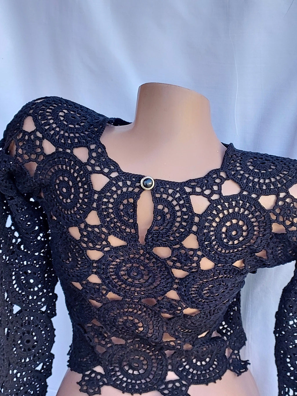 Crochet blouse Lace crochet top Crochet sweater Vintage crochet black white lace Long sleeve top 70s Boho Women Knit blouse gift for her