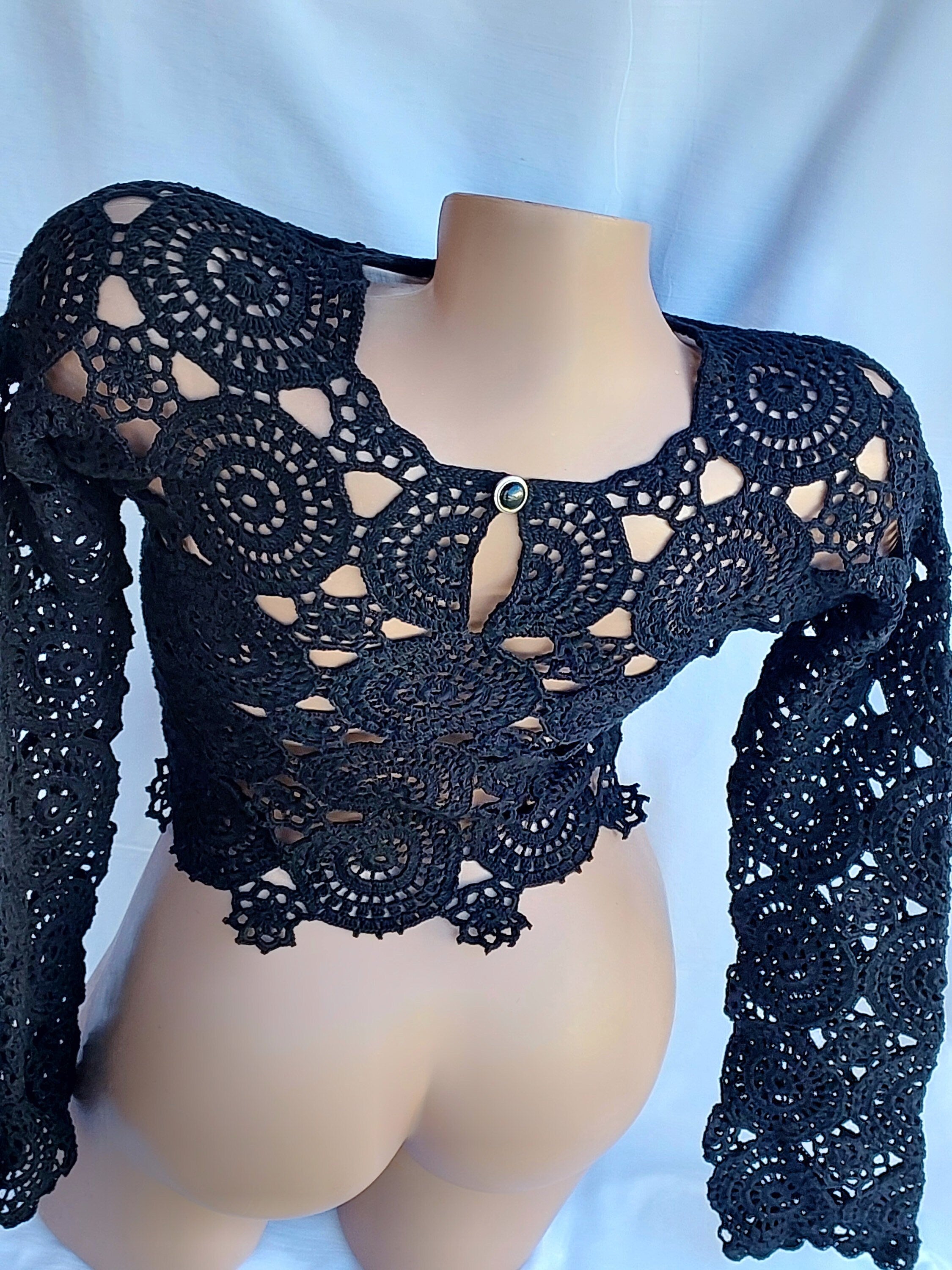Crochet blouse Lace crochet top Crochet sweater Vintage crochet black white lace Long sleeve top 70s Boho Women Knit blouse gift for her
