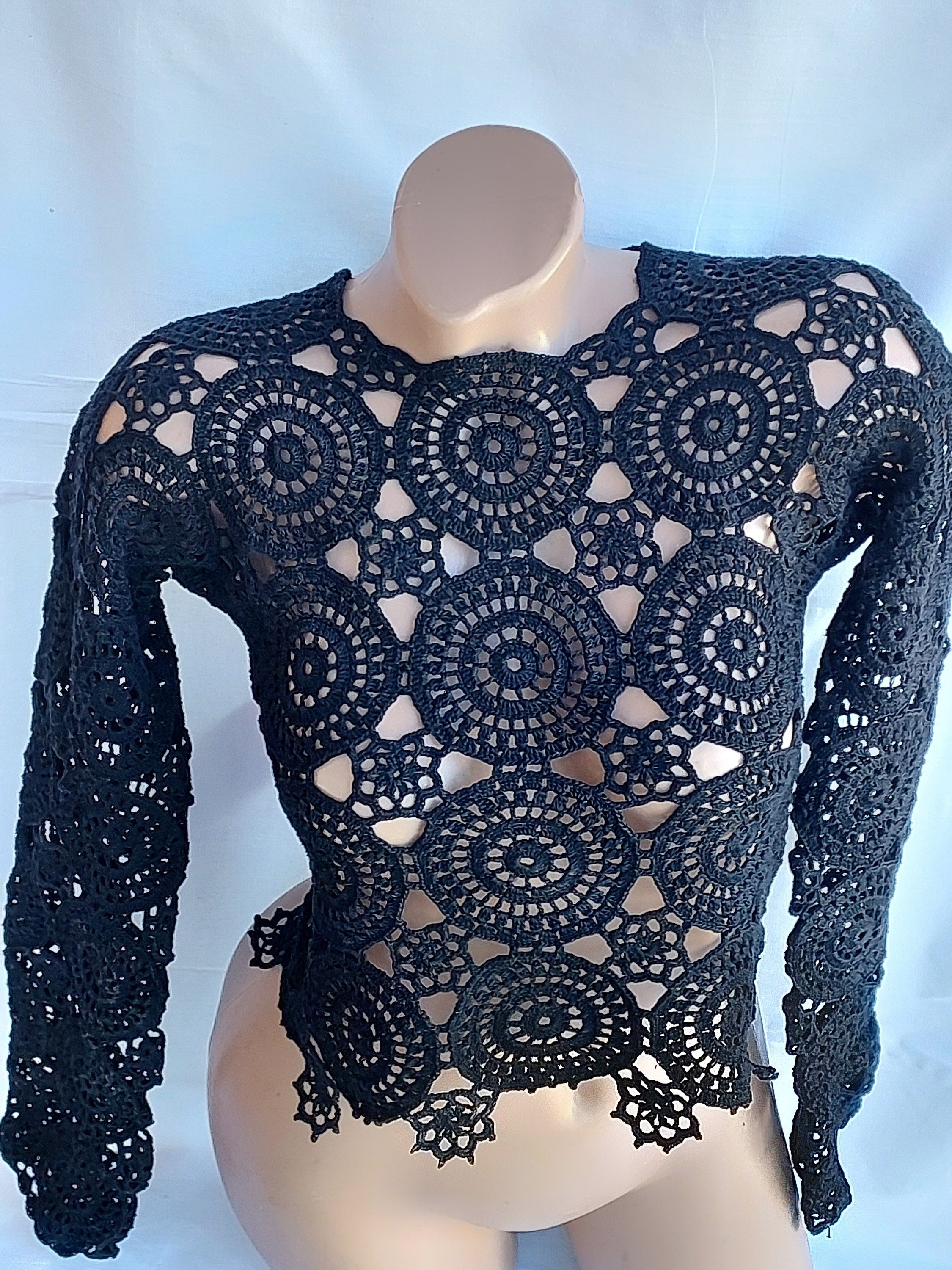 Crochet blouse Lace crochet top Crochet sweater Vintage crochet black white lace Long sleeve top 70s Boho Women Knit blouse gift for her