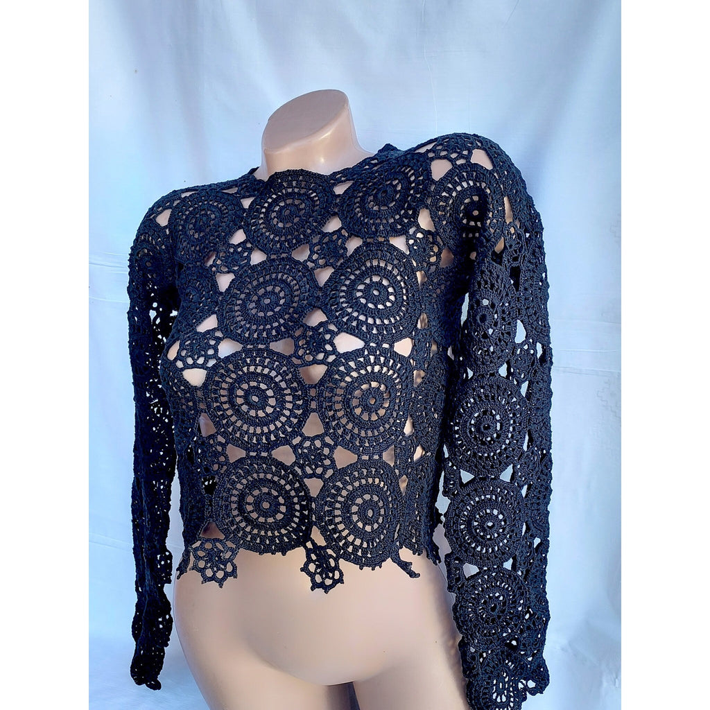 Crochet blouse Lace crochet top Crochet sweater Vintage crochet black white lace Long sleeve top 70s Boho Women Knit blouse gift for her