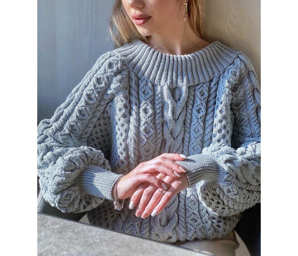 Cable hand knit grey organic cotton sweater Blue Loose Oversize Knitted Blue Sweater one shoulder Knit blouse Eco chunky knit pullover