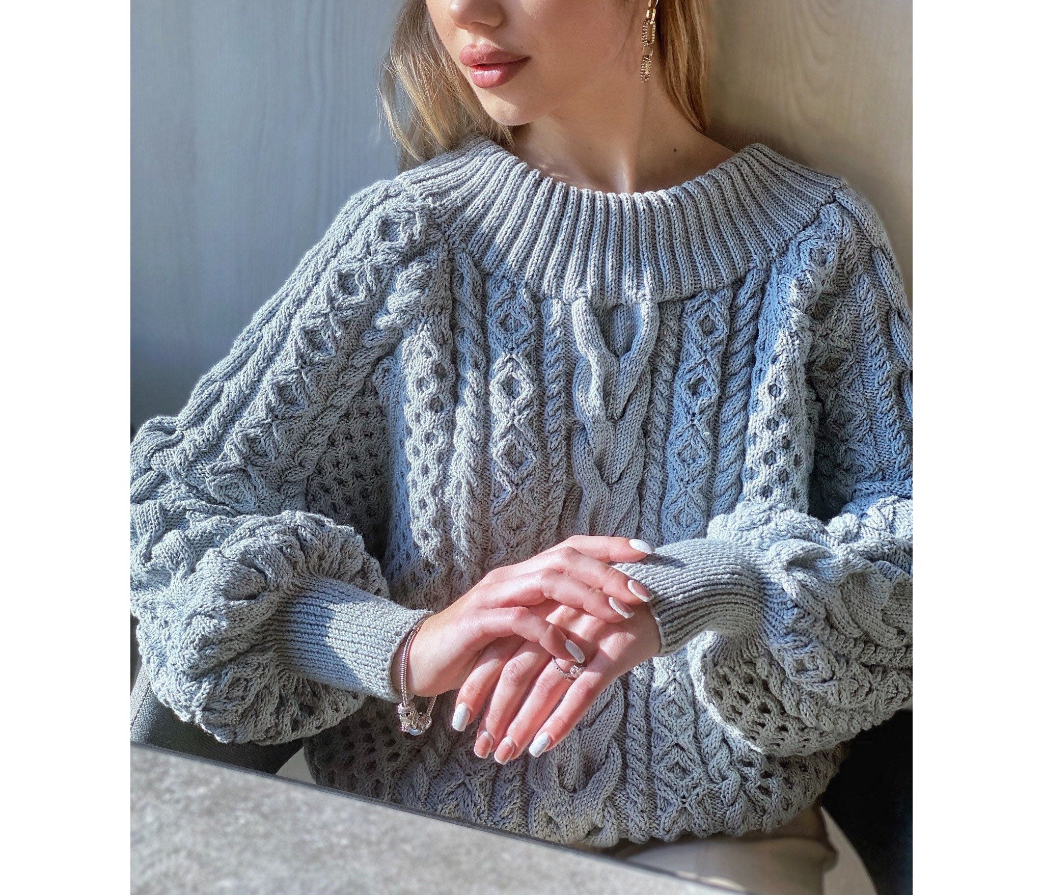 Cable hand knit grey organic cotton sweater Blue Loose Oversize Knitted Blue Sweater one shoulder Knit blouse Eco chunky knit pullover