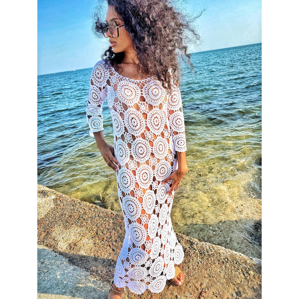 Beach maxi white crocheted dress/beach wedding dress/white beach cover up dress/Knit Backless Bikini Cover Ups Beachwear/white beach dress