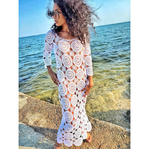 Beach maxi white crocheted dress/beach wedding dress/white beach cover up dress/Knit Backless Bikini Cover Ups Beachwear/white beach dress