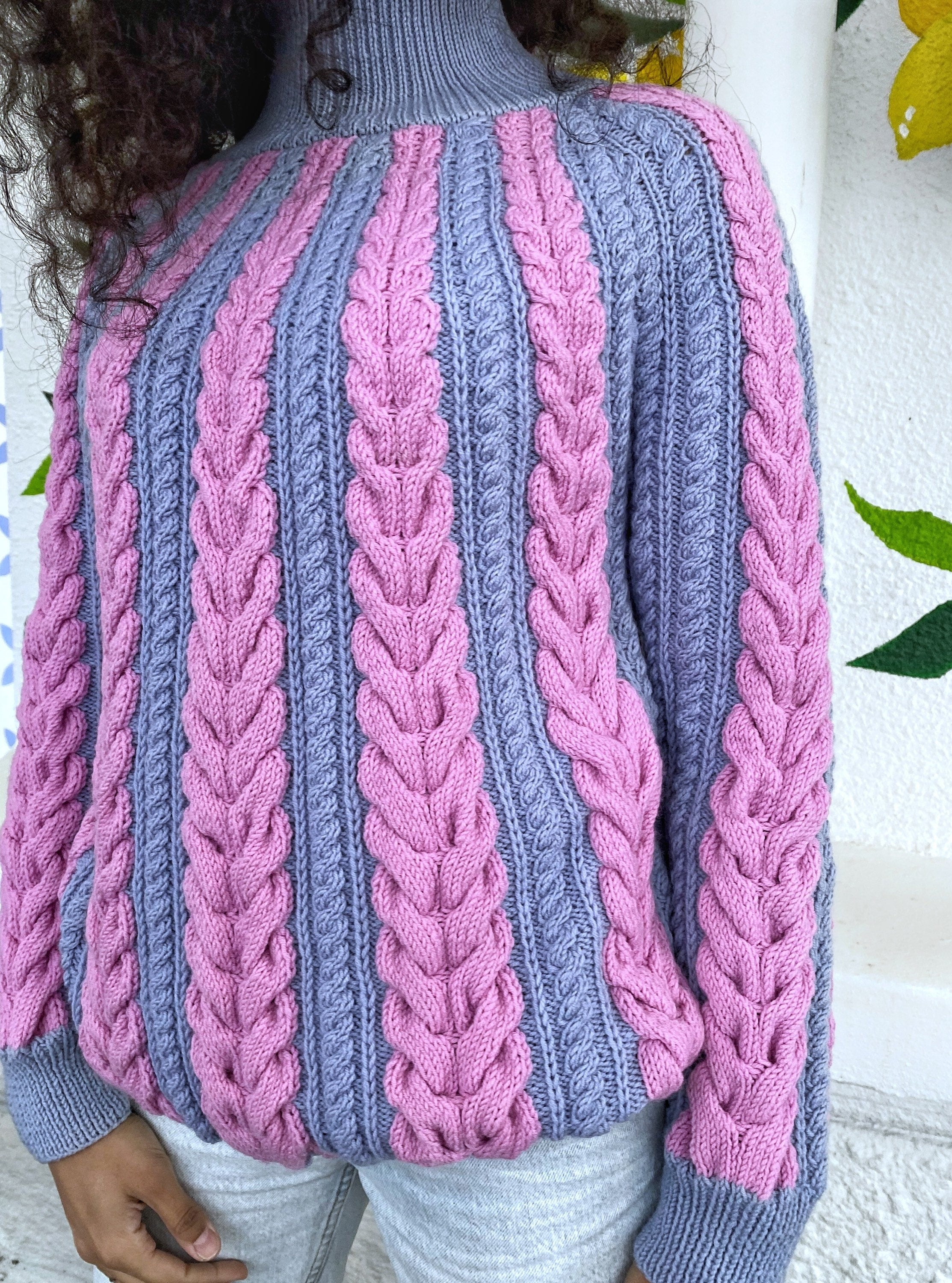 Chunky knit wool sweater braids for women Pink gray blue turtleneck sweatshirt Oversized pullover merino wool cotton Sweater high collar