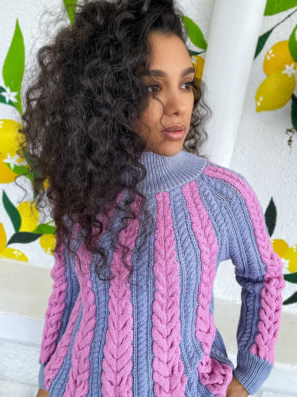 Cable hand knit merino wool grey pink sweater large turtleneck braids for women Chunky knit pullover high collar
