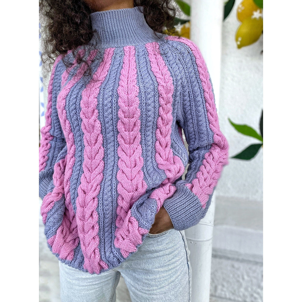Cable hand knit merino wool grey pink sweater large turtleneck braids for women Chunky knit pullover high collar