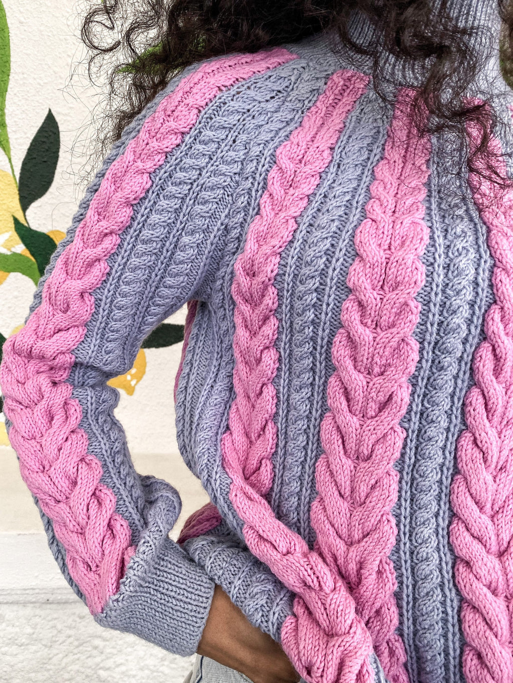 Chunky knit wool sweater braids for women Pink gray blue turtleneck sweatshirt Oversized pullover merino wool cotton Sweater high collar