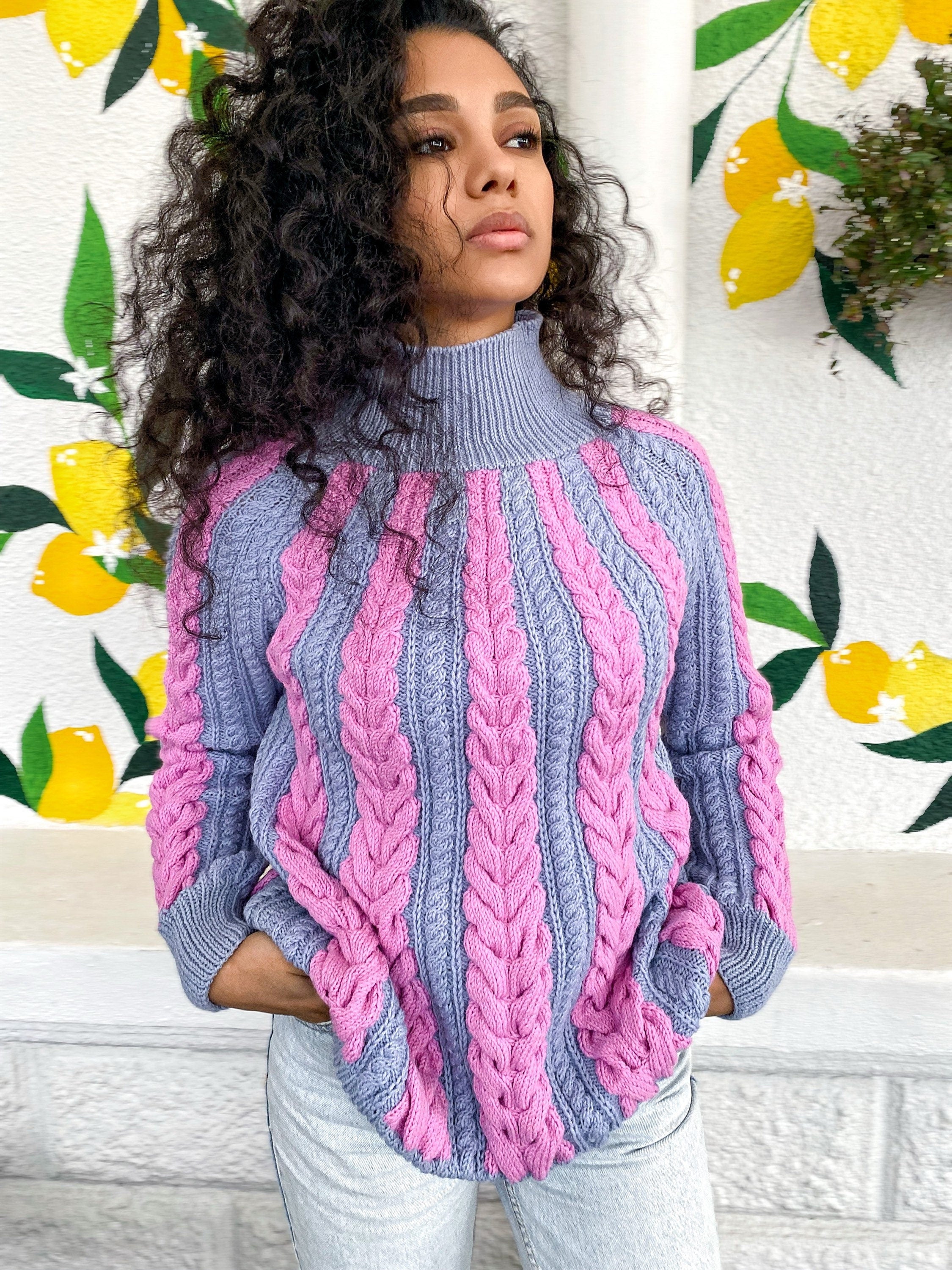 Cable hand knit merino wool grey pink sweater large turtleneck braids for women Chunky knit pullover high collar
