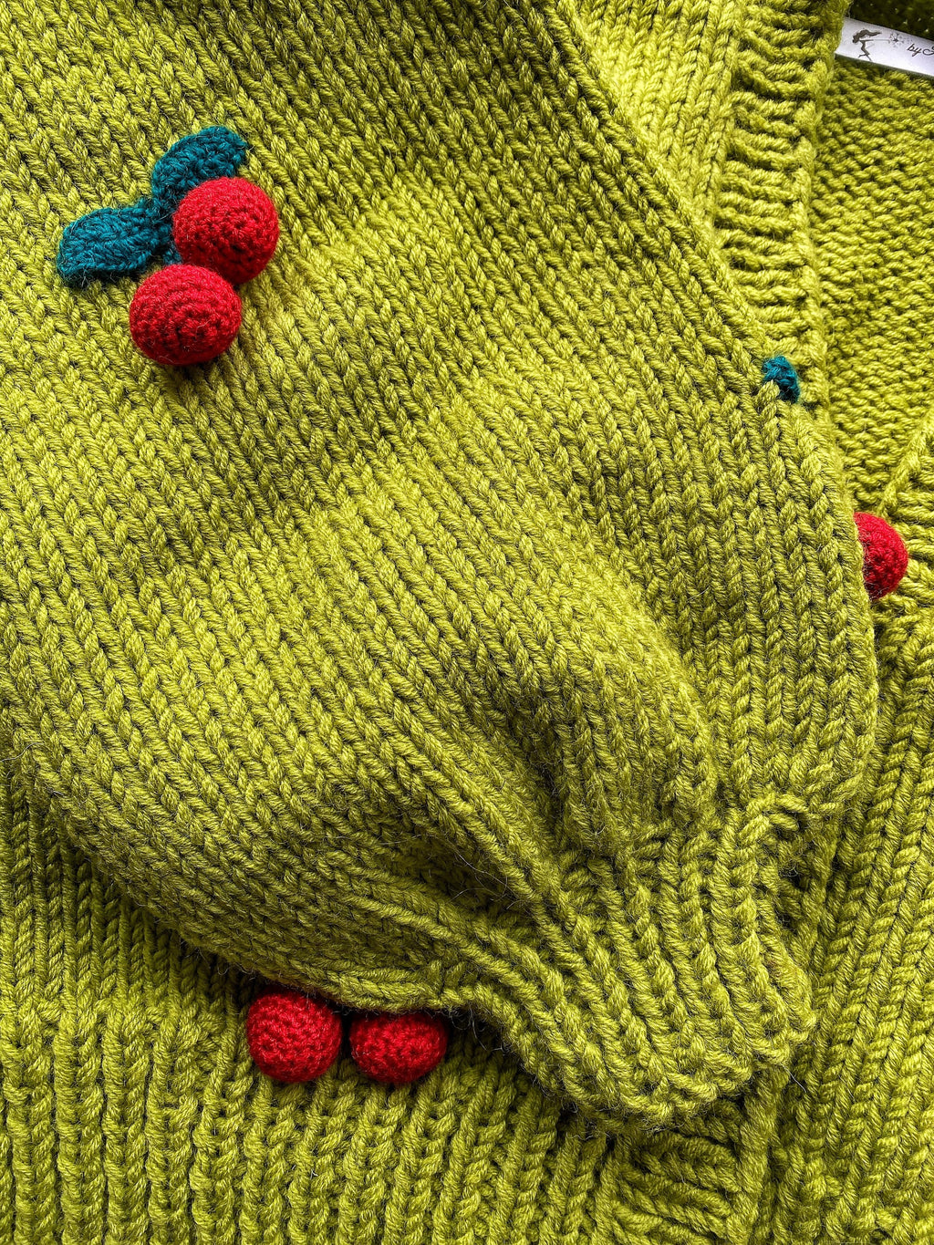 Green knit crop cherry cardigan Strawberry cardigan Chunky cardigan Knitted crop sweater Loose sweater famous cardigan Unique gifts for her