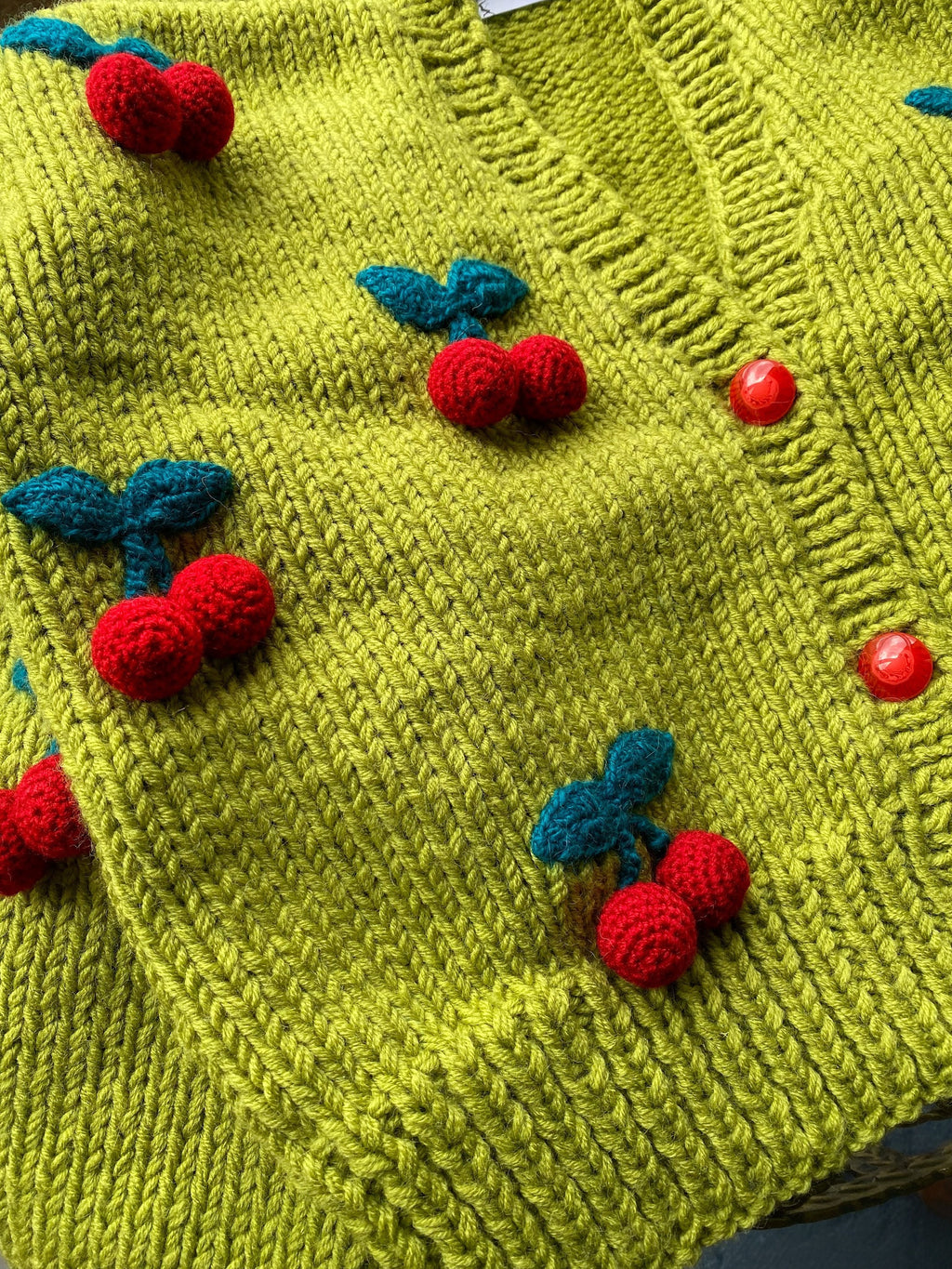 Chunky knit green crop cherry cardigan Strawberry cardigan Knitted crop sweater Loose sweater famous cardigan Unique gifts for her