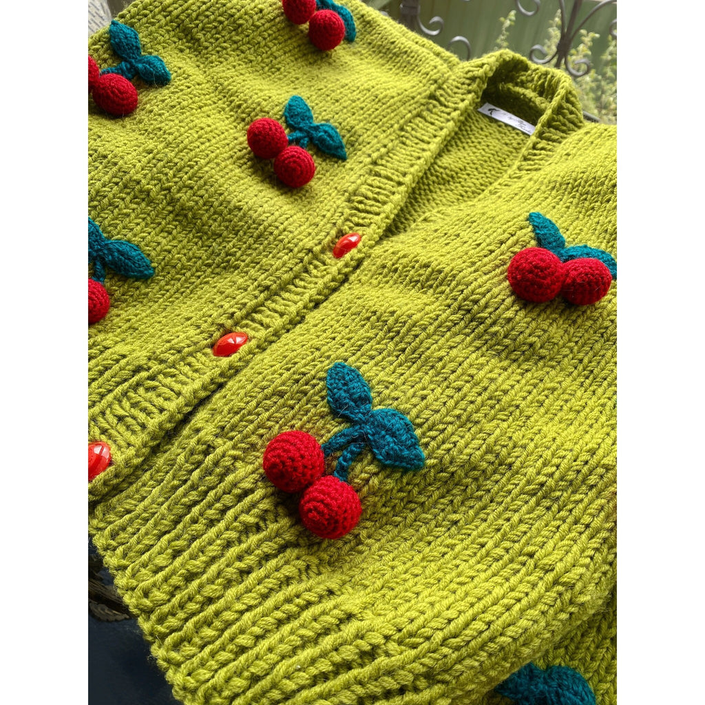 Green hand knit crop wool Cherry Cherries cardigan Strawberry cardigan Chunky cardigan Knitted crop sweater Loose sweater famous cardigan