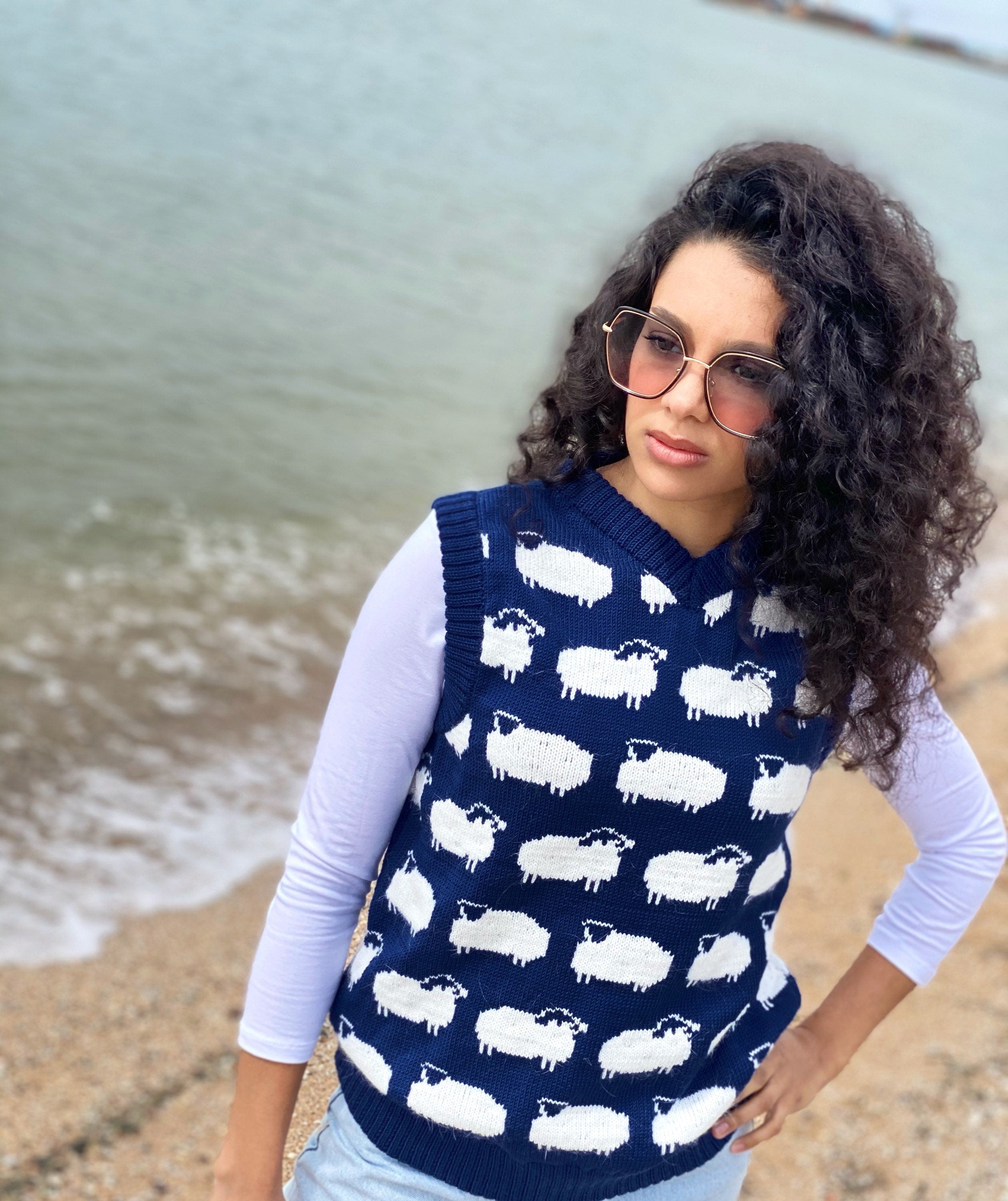 White sheep merino hand knit sweater vest cable womens mens unisex/ blue vest white sheep/merino wool and kid mohair