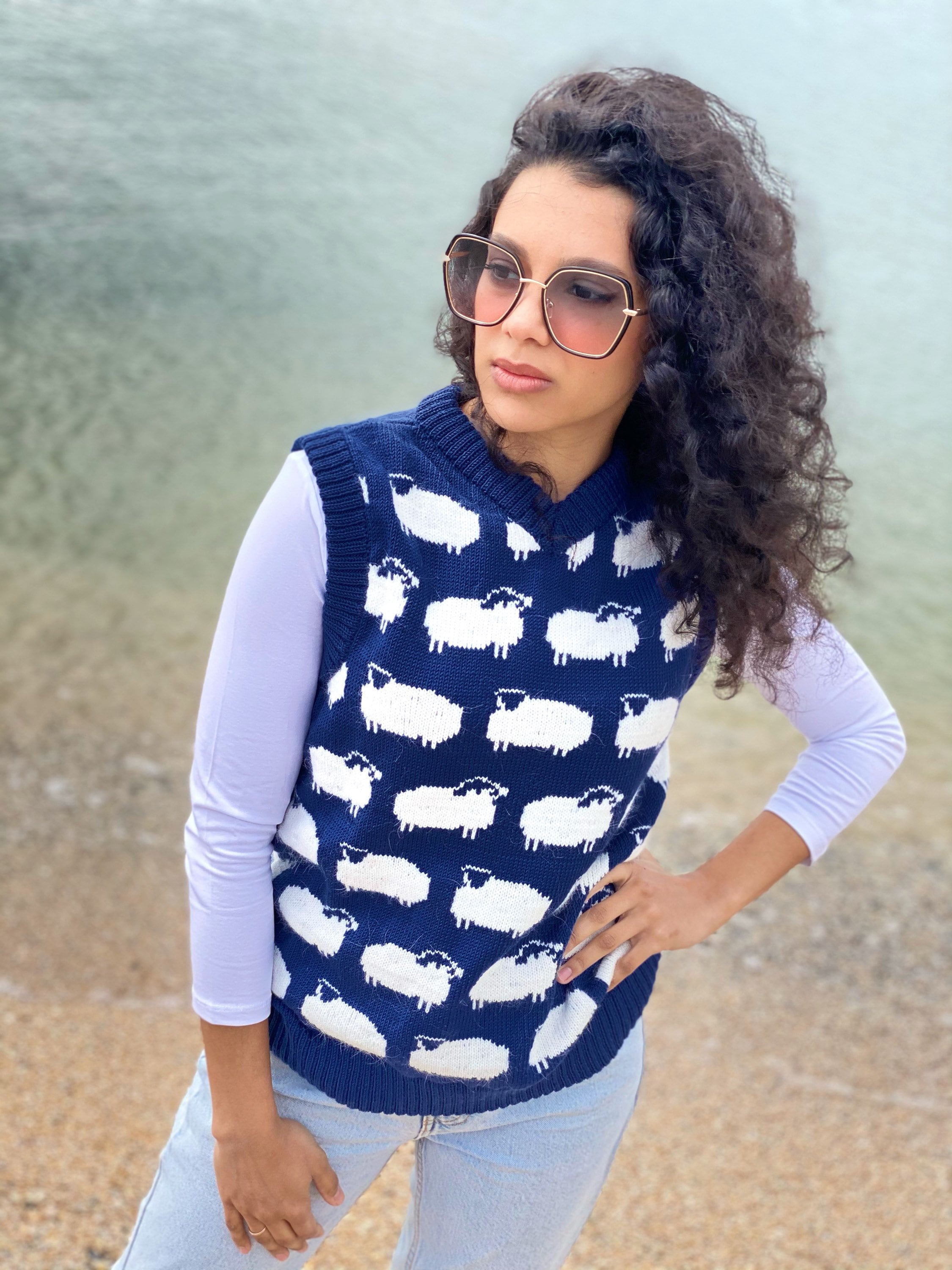 White sheep merino hand knit sweater vest cable womens mens unisex/ blue vest white sheep/merino wool and kid mohair
