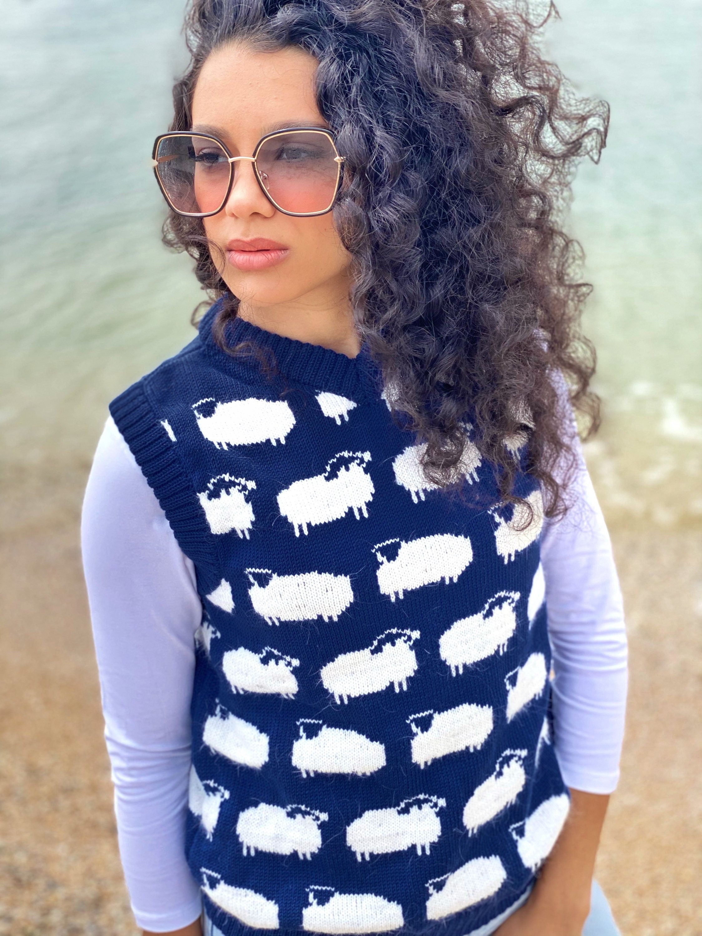 White sheep merino hand knit sweater vest cable womens mens unisex/ blue vest white sheep/merino wool and kid mohair