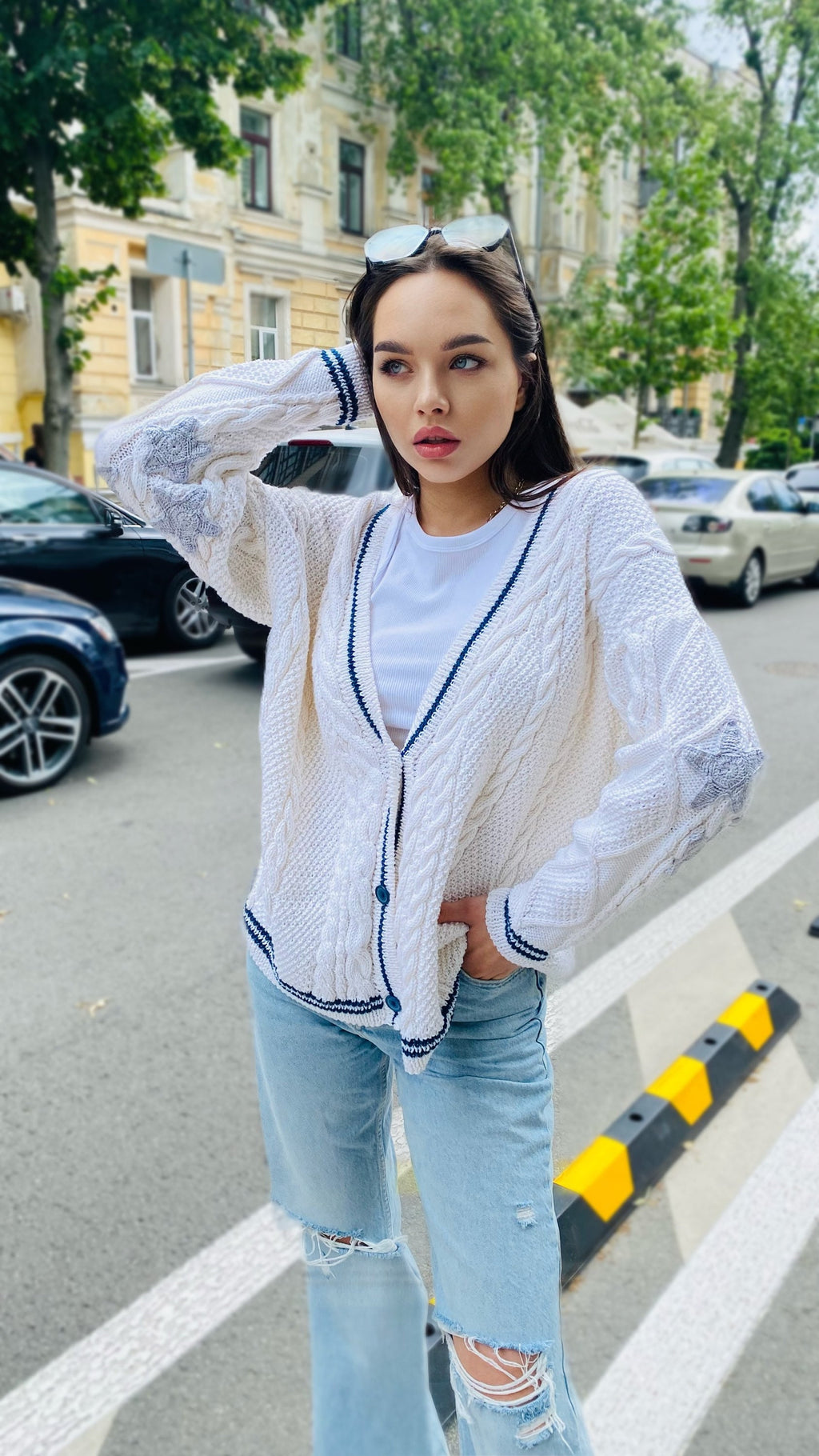 Hand knit folklore cotton cardigan White organic cotton sweater Star embroidered Chunky white sweater blue buttons Cozy women sweater