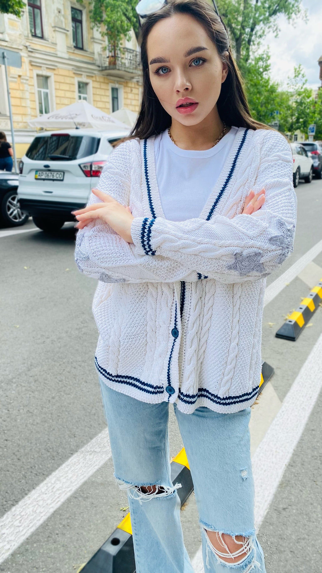Hand knit folklore cotton cardigan White organic cotton sweater Star embroidered Chunky white sweater blue buttons Cozy women sweater