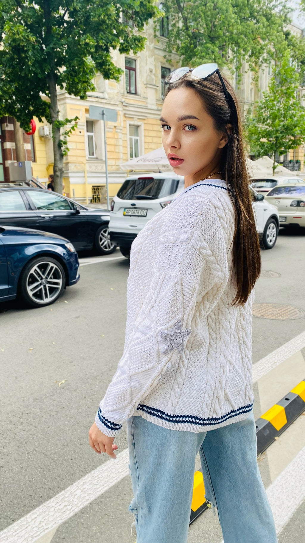 Hand knit folklore cotton cardigan White organic cotton sweater Star embroidered Chunky white sweater blue buttons Cozy women sweater
