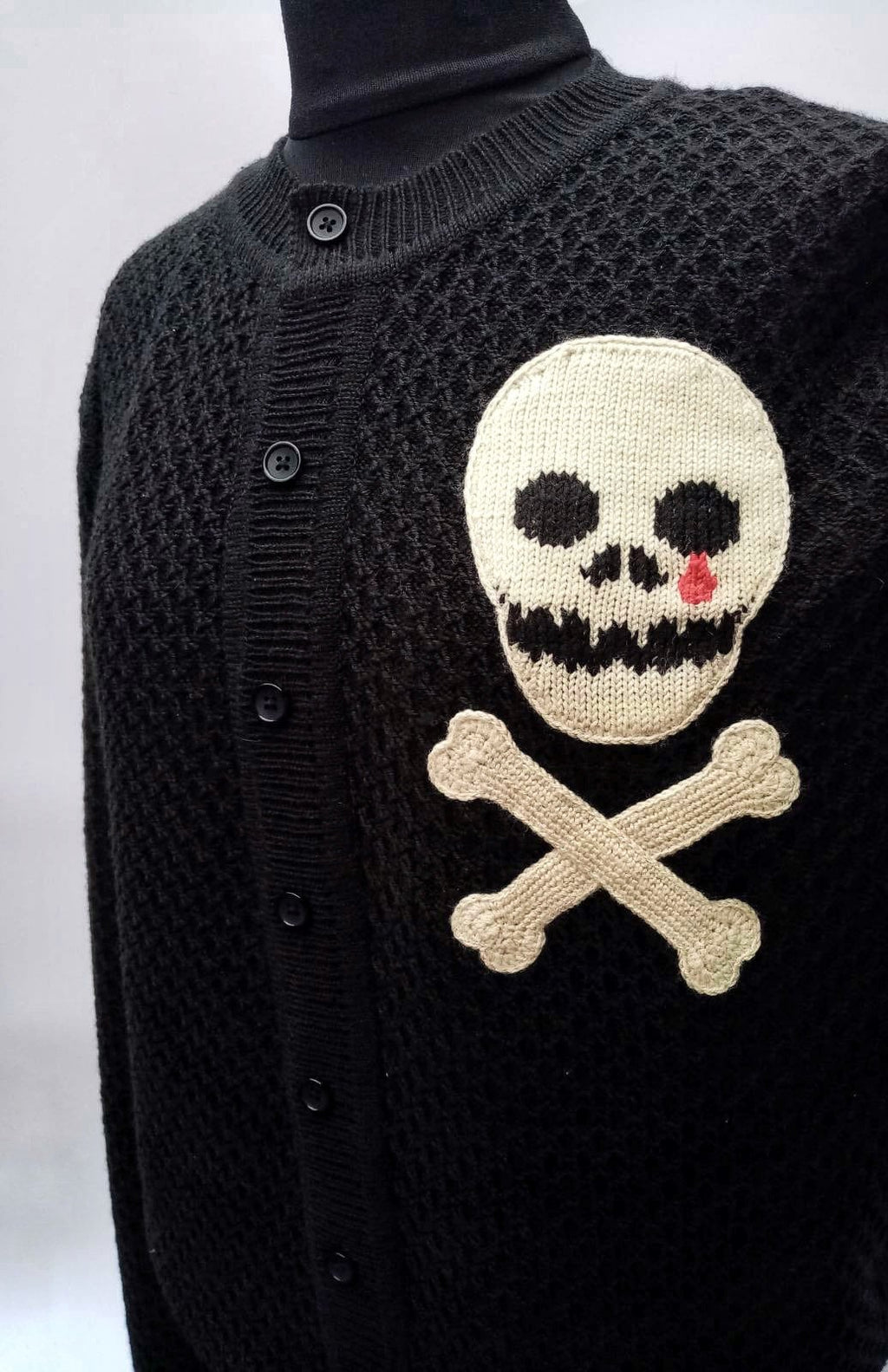 Knitted men cardigan skull bones Rockabilly cardigan Goth Punk Rock'n'roll Skull Crossbones black sweater Wool cardigan buttons Gift for him