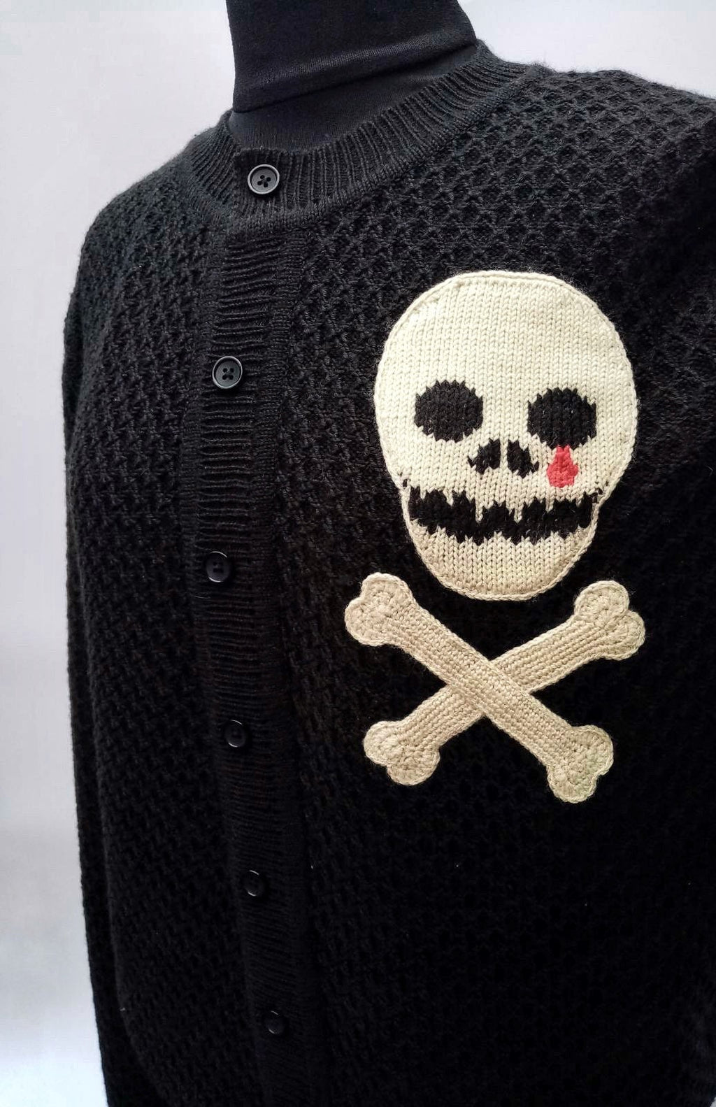 Knitted men cardigan skull bones Rockabilly cardigan Goth Punk Rock'n'roll Skull Crossbones black sweater Wool cardigan buttons Gift for him