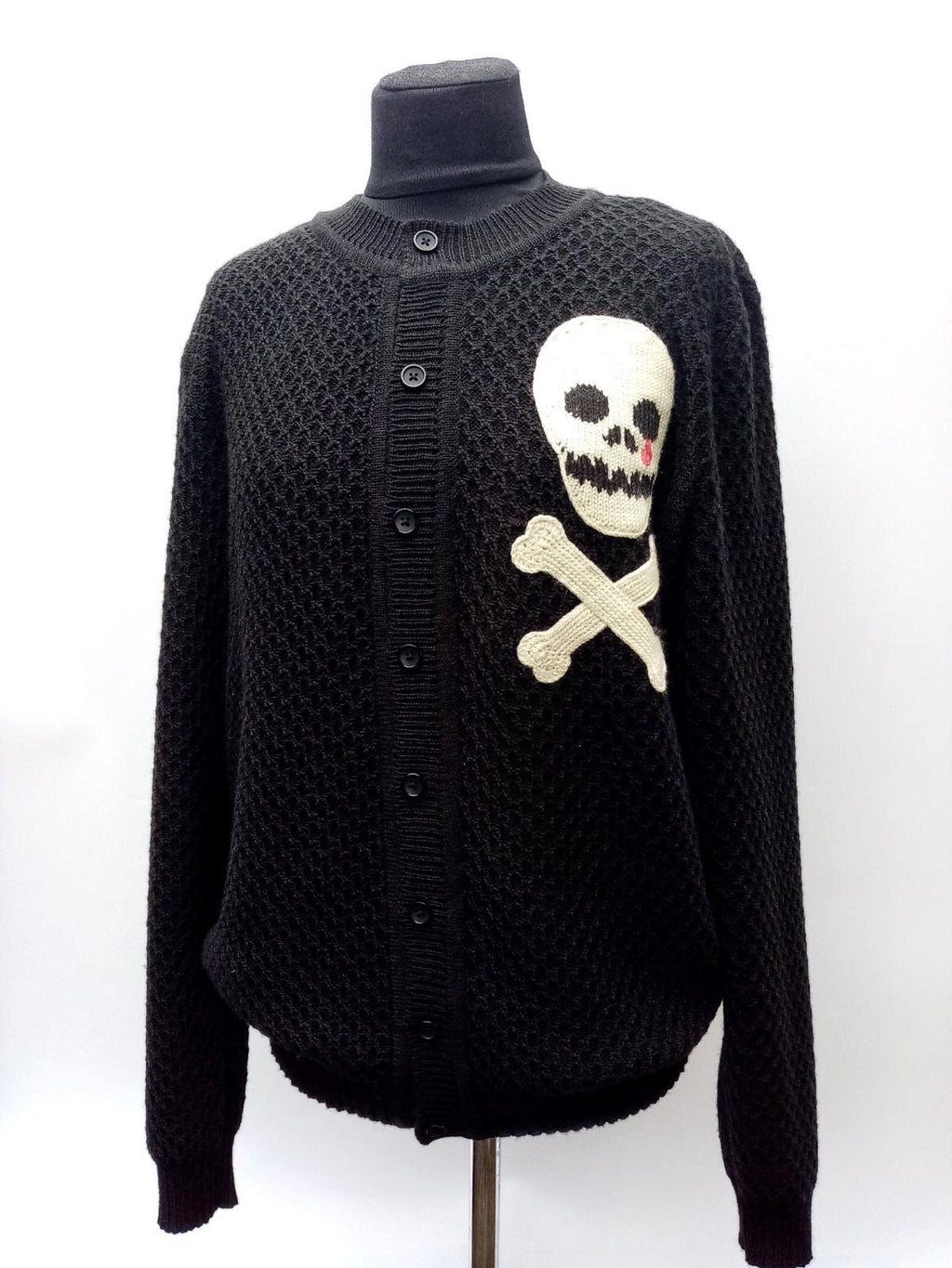 Knitted men cardigan skull bones Rockabilly cardigan Goth Punk Rock'n'roll Skull Crossbones black sweater Wool cardigan buttons Gift for him