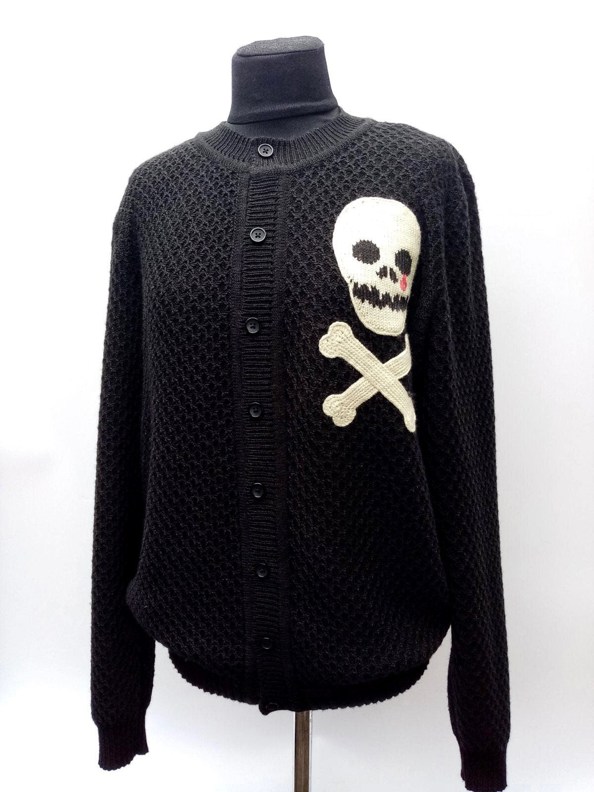 Knitted men cardigan skull bones Rockabilly cardigan Goth Punk Rock'n'roll Skull Crossbones black sweater Wool cardigan buttons Gift for him