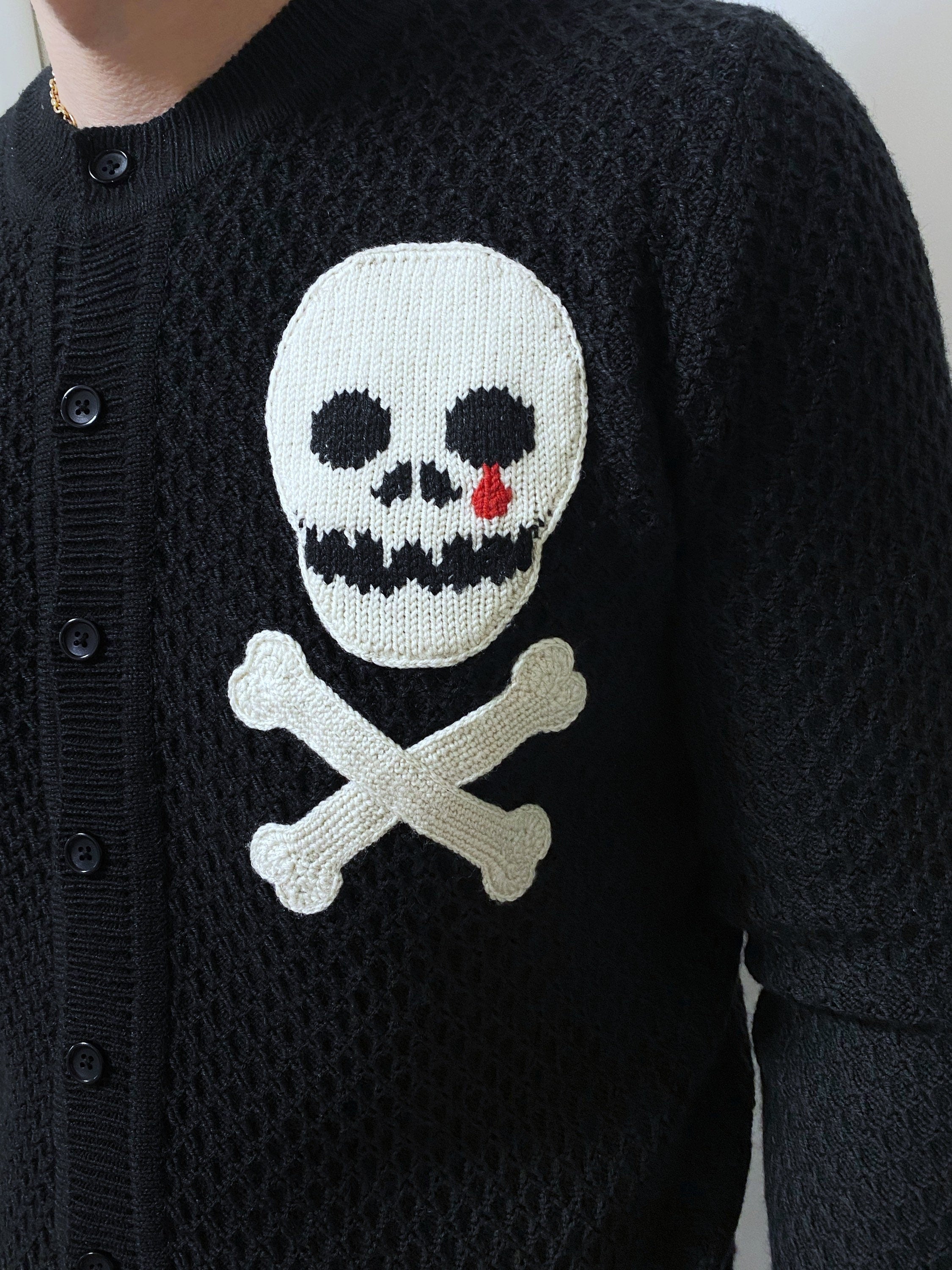 Knitted men cardigan skull bones Rockabilly cardigan Goth Punk Rock'n'roll Skull Crossbones black sweater Wool cardigan buttons Gift for him