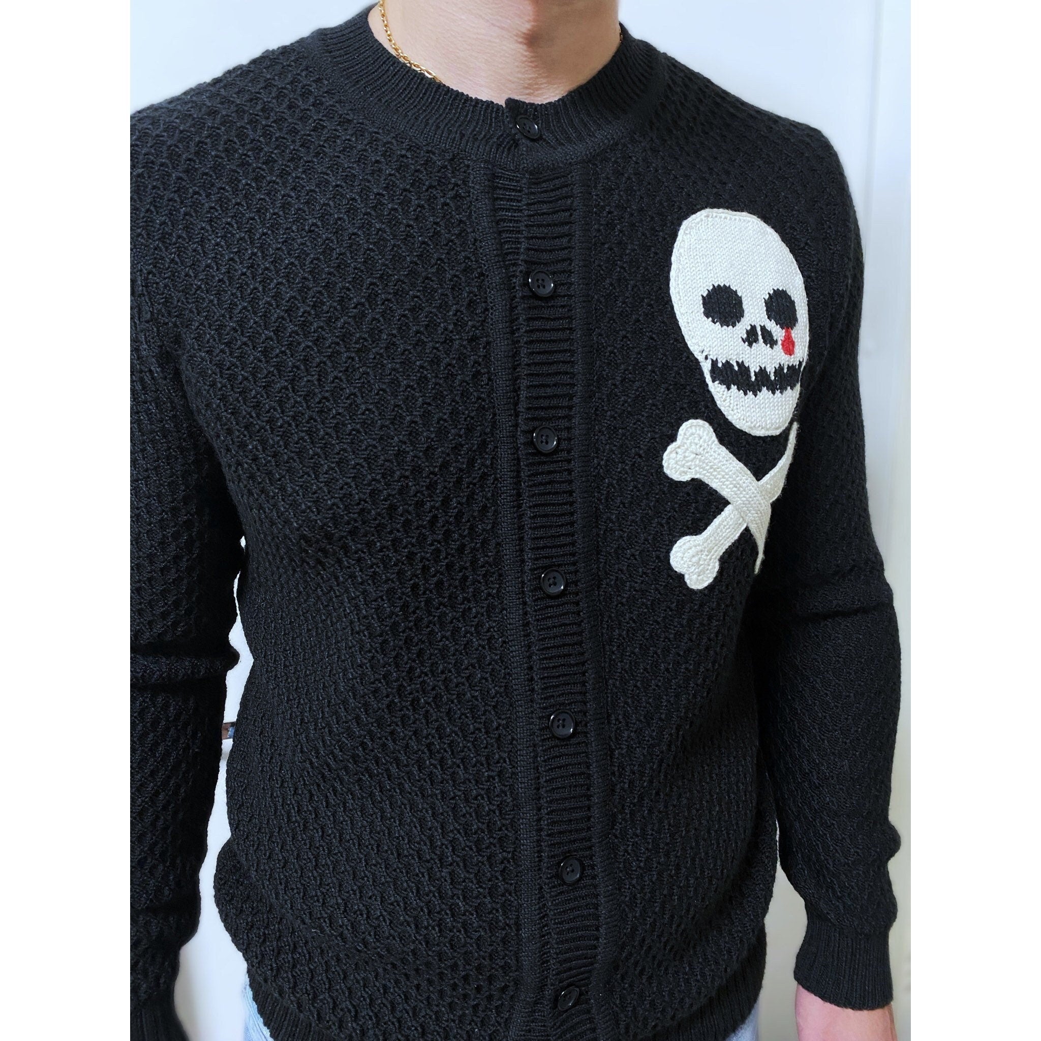 Knitted men cardigan skull bones Rockabilly cardigan Goth Punk Rock'n'roll Skull Crossbones black sweater Wool cardigan buttons Gift for him