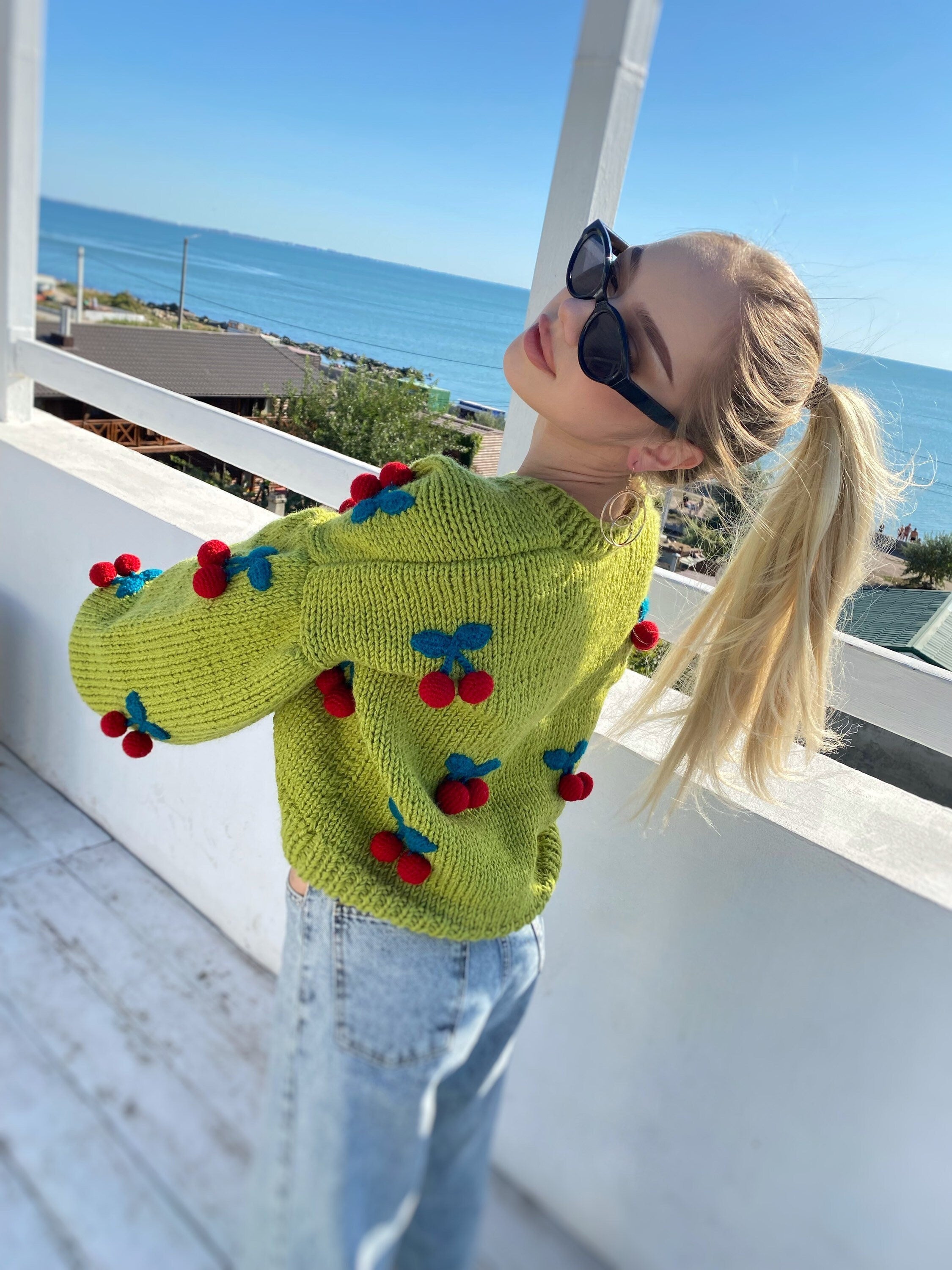 Green knit crop cherry cardigan Strawberry cardigan Chunky cardigan Knitted crop sweater Loose sweater famous cardigan Unique gifts for her