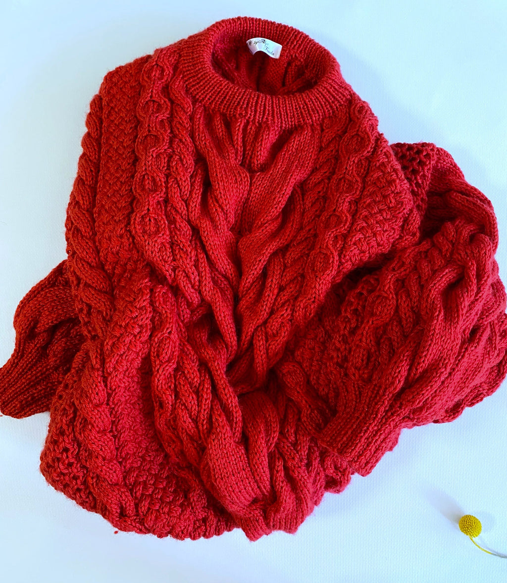 Red knit wool sweater women/knitted jumper 7/8 sleeve Cable knitting Loose knit Oversized Womens red knitted sweater