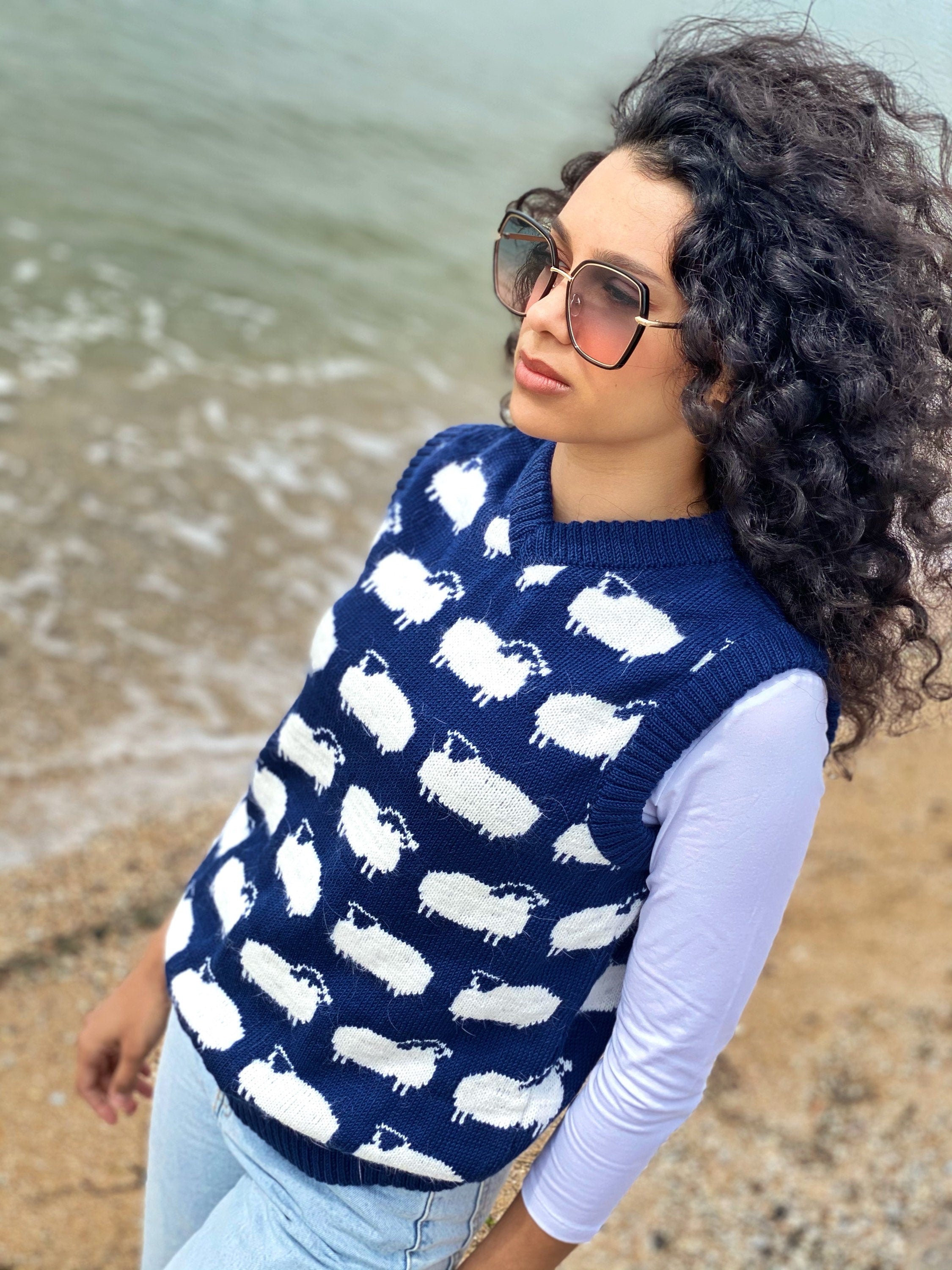 White sheep merino hand knit sweater vest cable womens mens unisex/ blue vest white sheep/merino wool and kid mohair