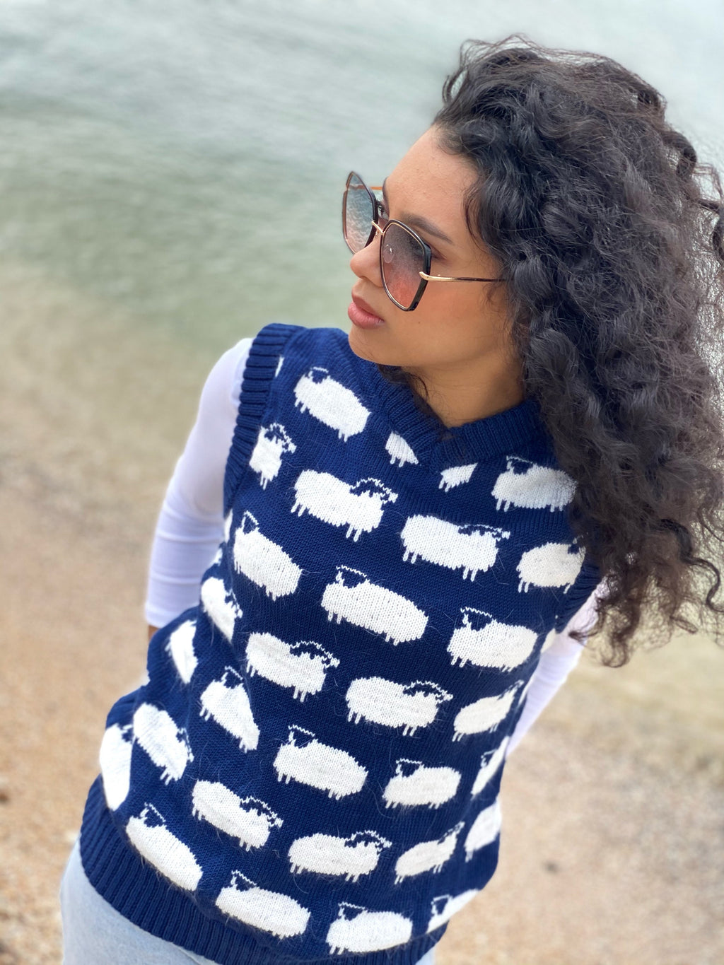 White sheep merino hand knit sweater vest cable womens mens unisex/ blue vest white sheep/merino wool and kid mohair