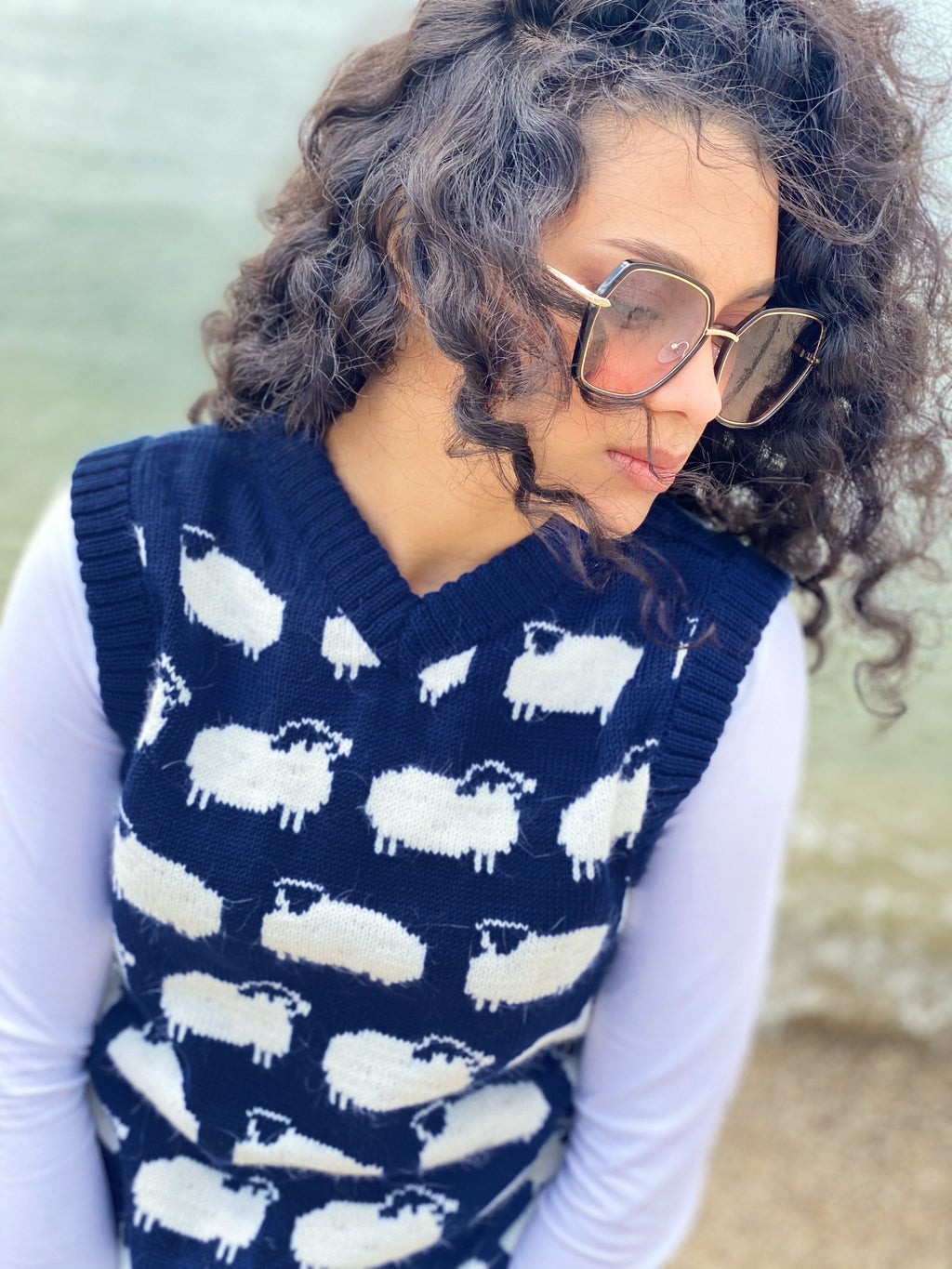 White sheep merino hand knit sweater vest cable womens mens unisex/ blue vest white sheep/merino wool and kid mohair