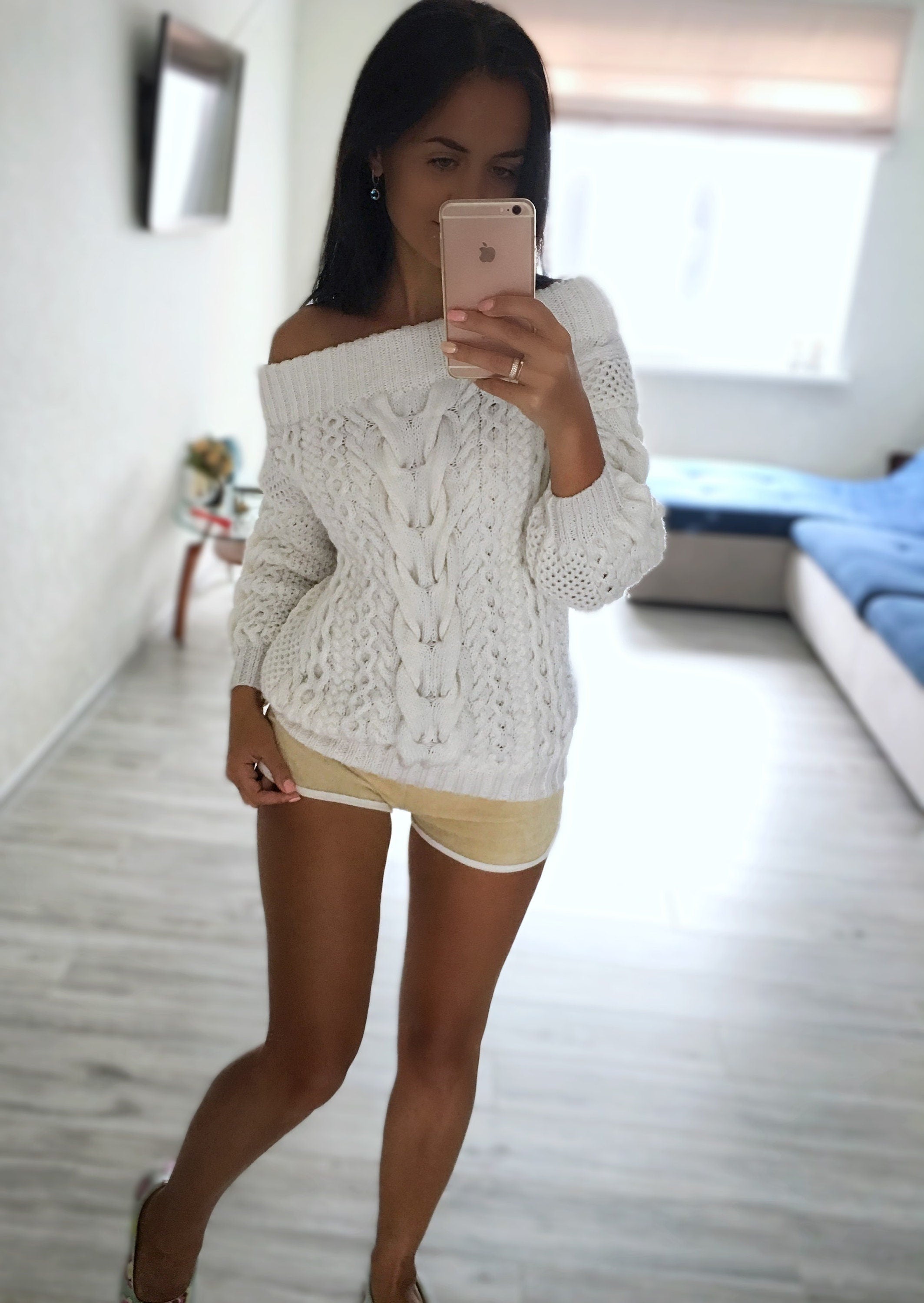 Cable knit wool sweater off the shoulder Green white beige blue orange coral pink emerald chunky one shoulder wool mixture cotton sweater