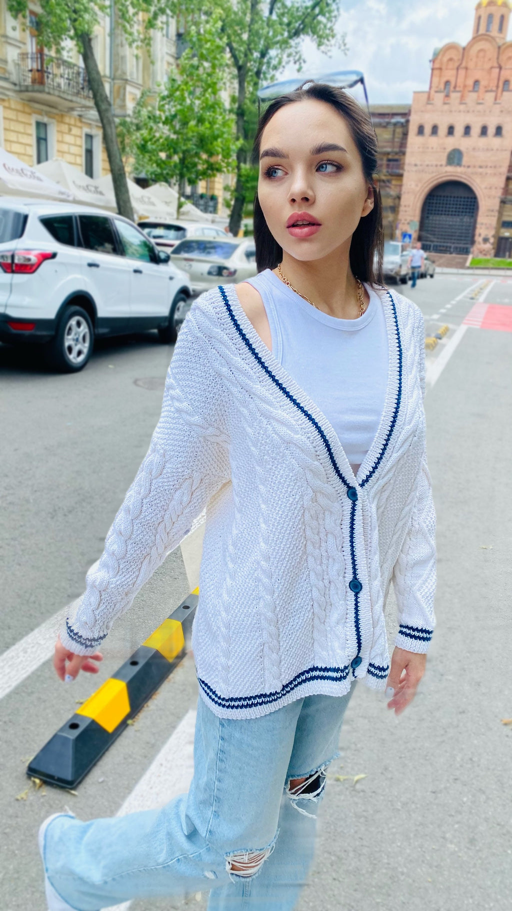 Hand knit folklore cotton cardigan White organic cotton sweater Star embroidered Chunky white sweater blue buttons Cozy women sweater