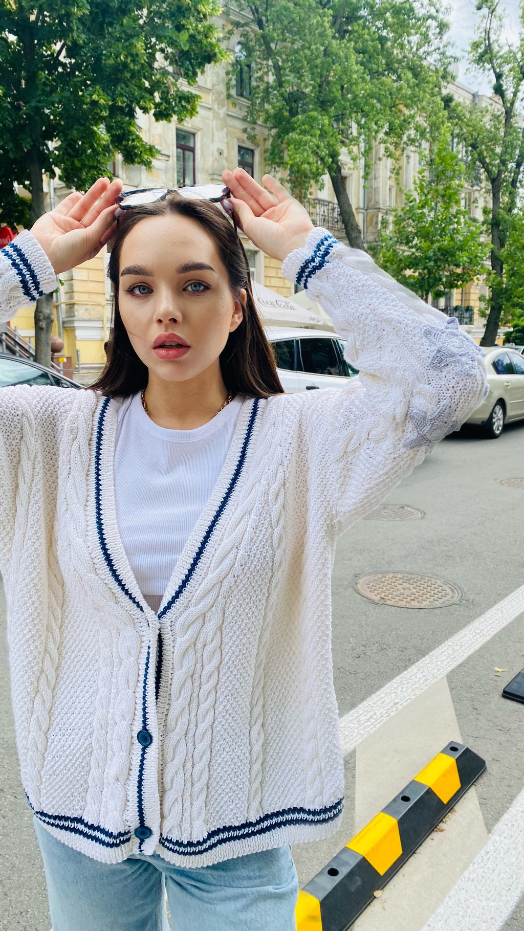 Hand knit folklore cotton cardigan White organic cotton sweater Star embroidered Chunky white sweater blue buttons Cozy women sweater