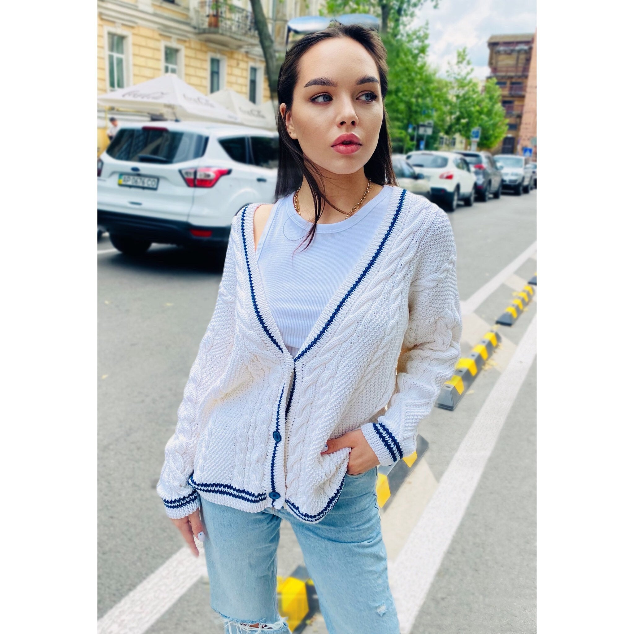 Hand knit folklore cotton cardigan White organic cotton sweater Star embroidered Chunky white sweater blue buttons Cozy women sweater