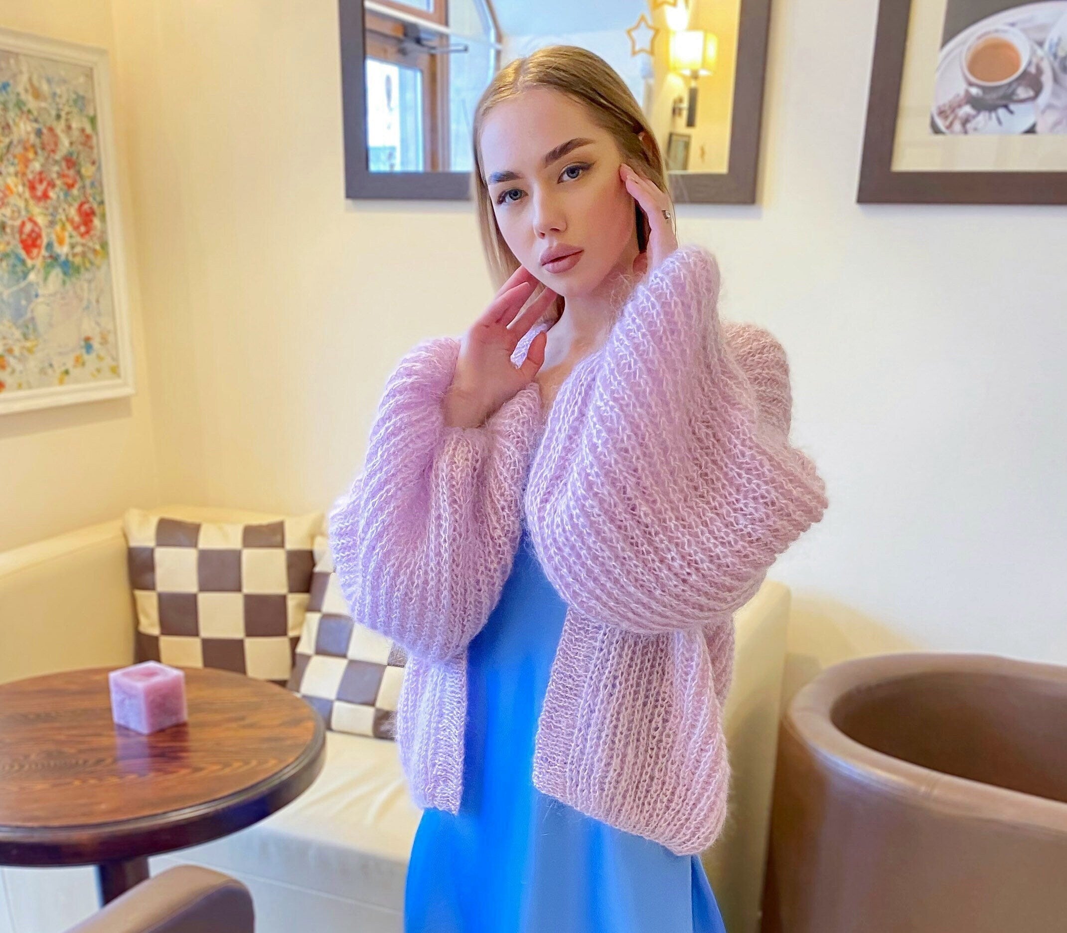 Knit mohair cardigan Mohair bolero Wedding Cardigan Wool fluffy cape Bridal jackets hawl Knitted jacket Lilac mohair cable knit sweater