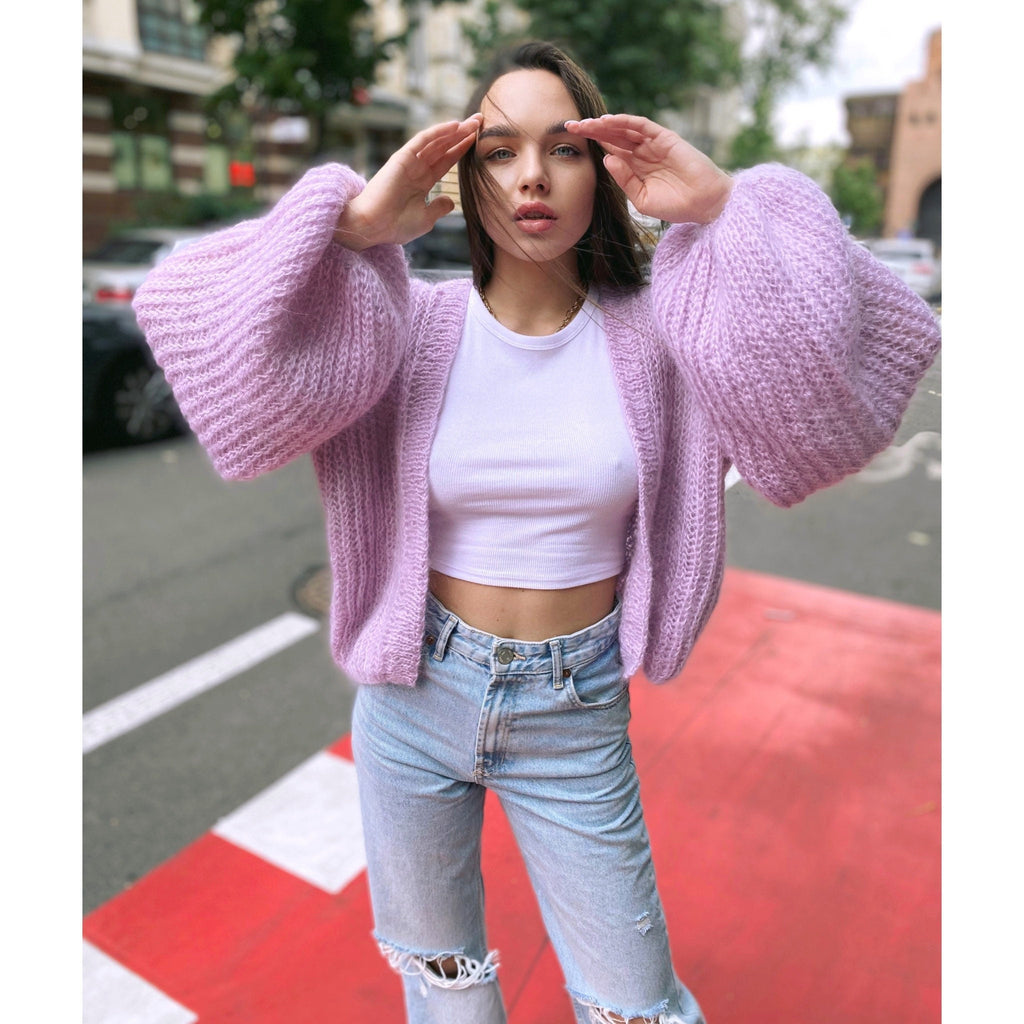 Knit mohair cardigan Mohair bolero Wedding Cardigan Wool fluffy cape Bridal jackets hawl Knitted jacket Lilac mohair cable knit sweater
