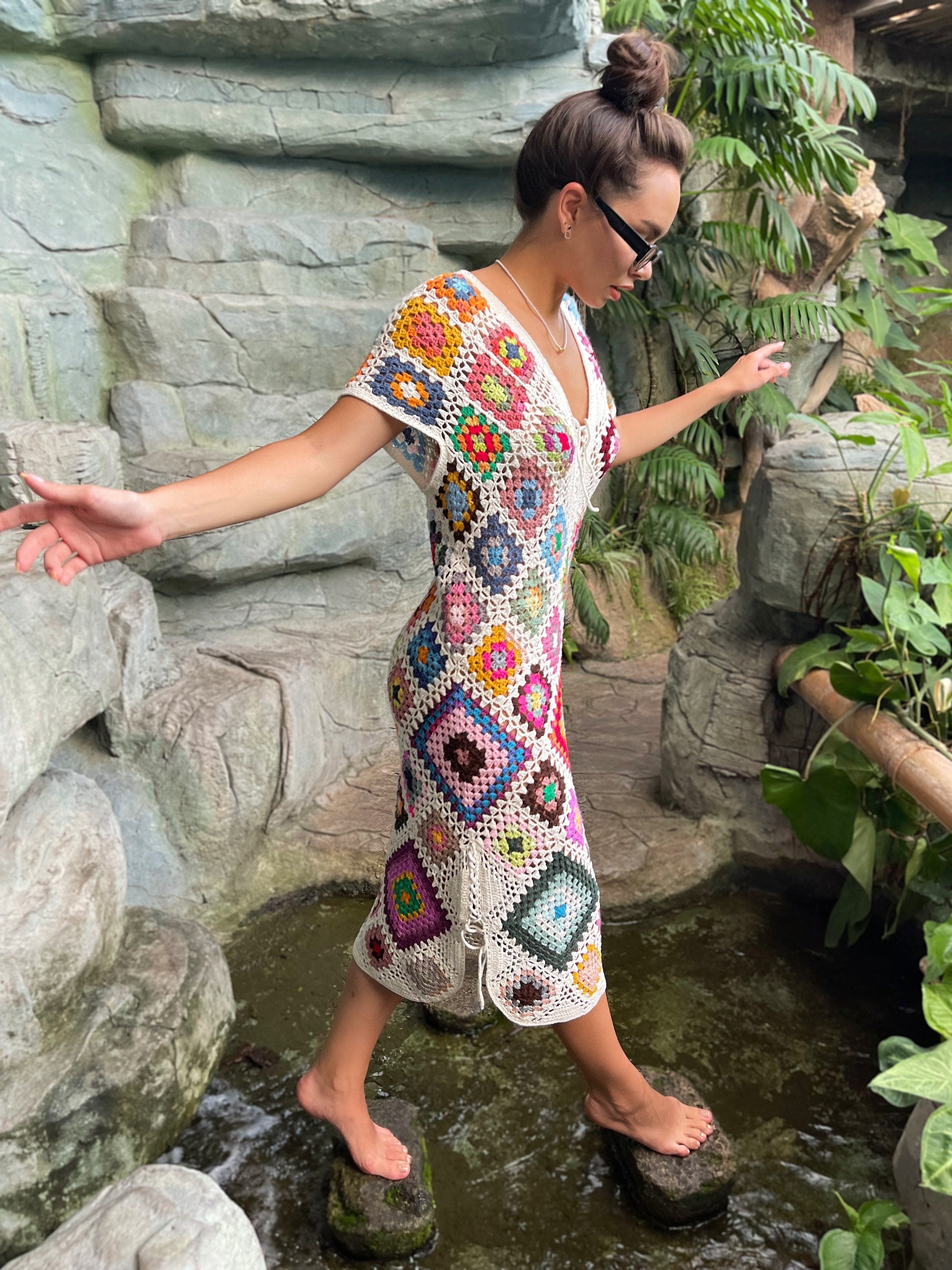 Crochet granny square dresses Crochet afghan dress Boho crochet dress Colorful dress Midi cotton dress Festival Clothing Vintage Style Dres