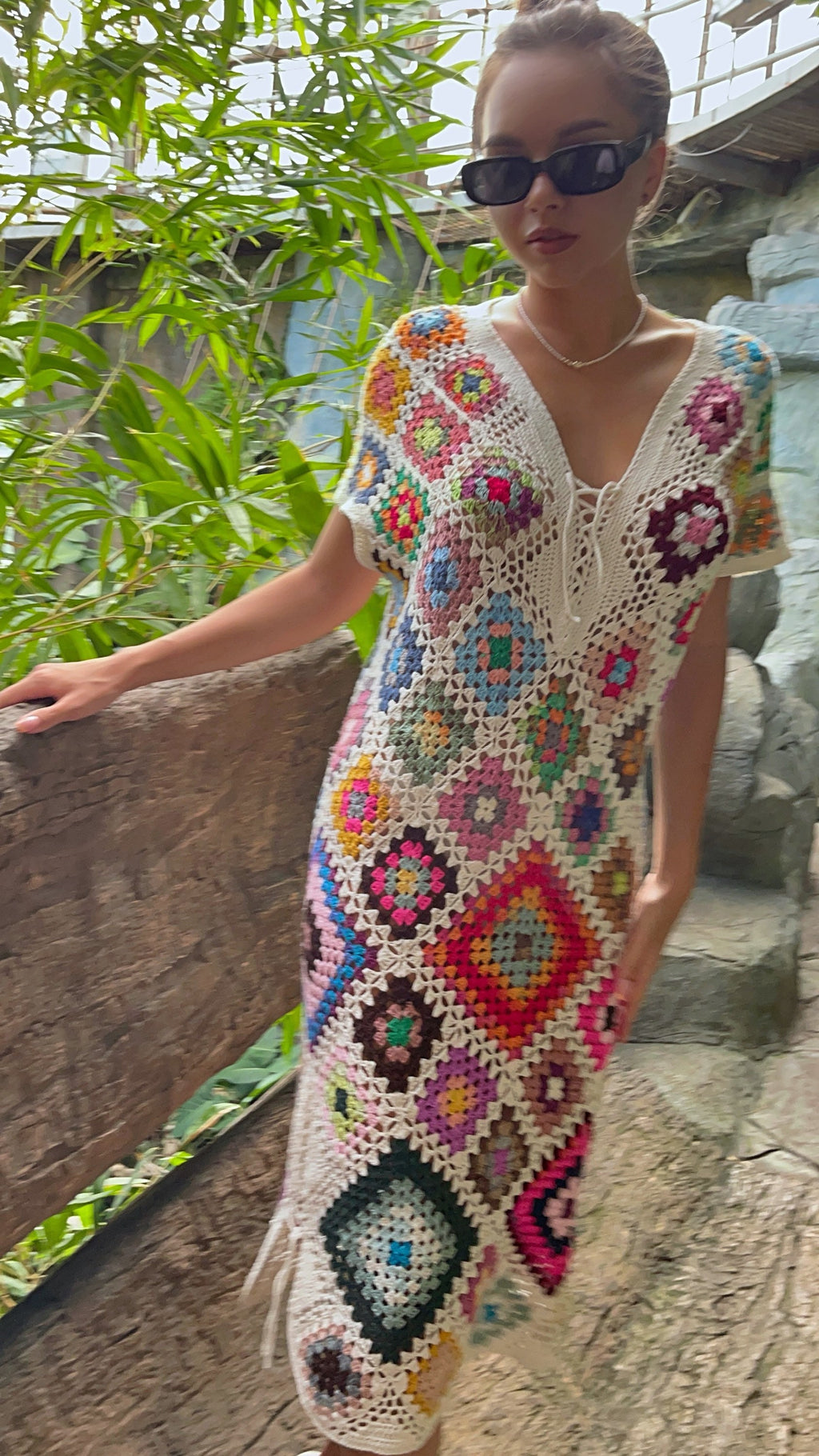 Crochet granny square dresses Crochet afghan dress Boho crochet dress Colorful dress Midi cotton dress Festival Clothing Vintage Style Dres