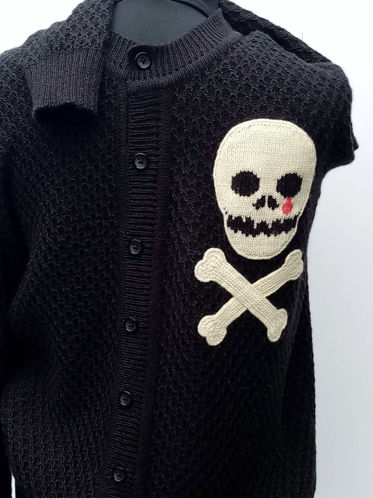 Knitted men cardigan skull bones Rockabilly cardigan Goth Punk Rock'n'roll Skull Crossbones black sweater Wool cardigan buttons Gift for him