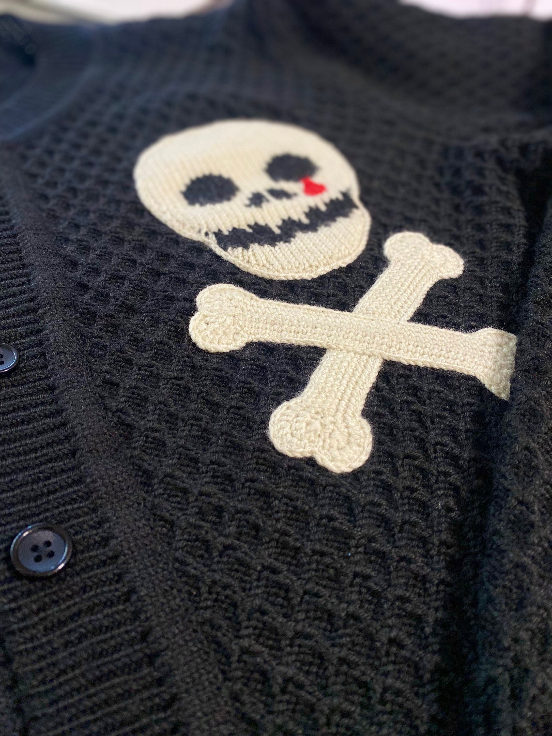 Knitted men cardigan skull bones Rockabilly cardigan Goth Punk Rock'n'roll Skull Crossbones black sweater Wool cardigan buttons Gift for him